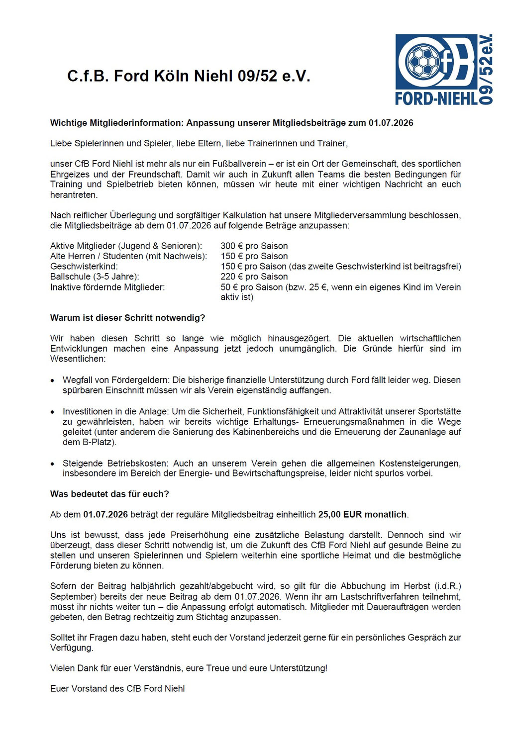 Erhöhung der Mitgliedsbeiträge ab 01.07.2026