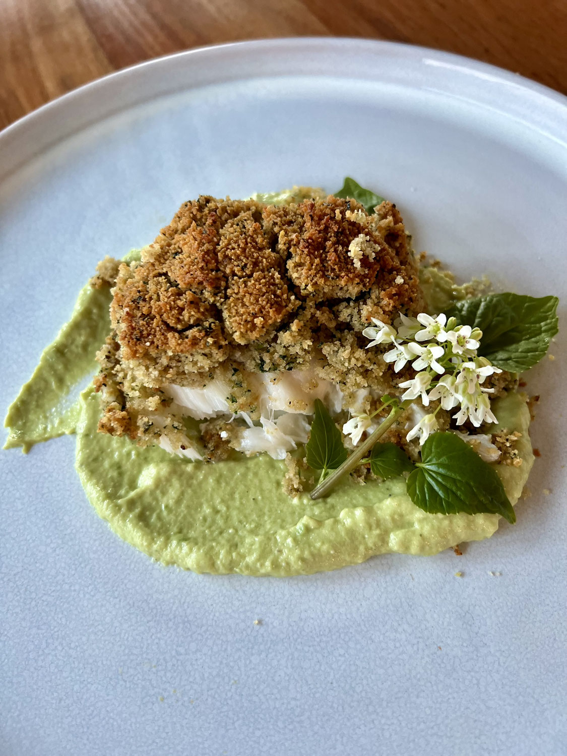 Skrei mit Kräuterkruste auf Avocado-Feta Creme