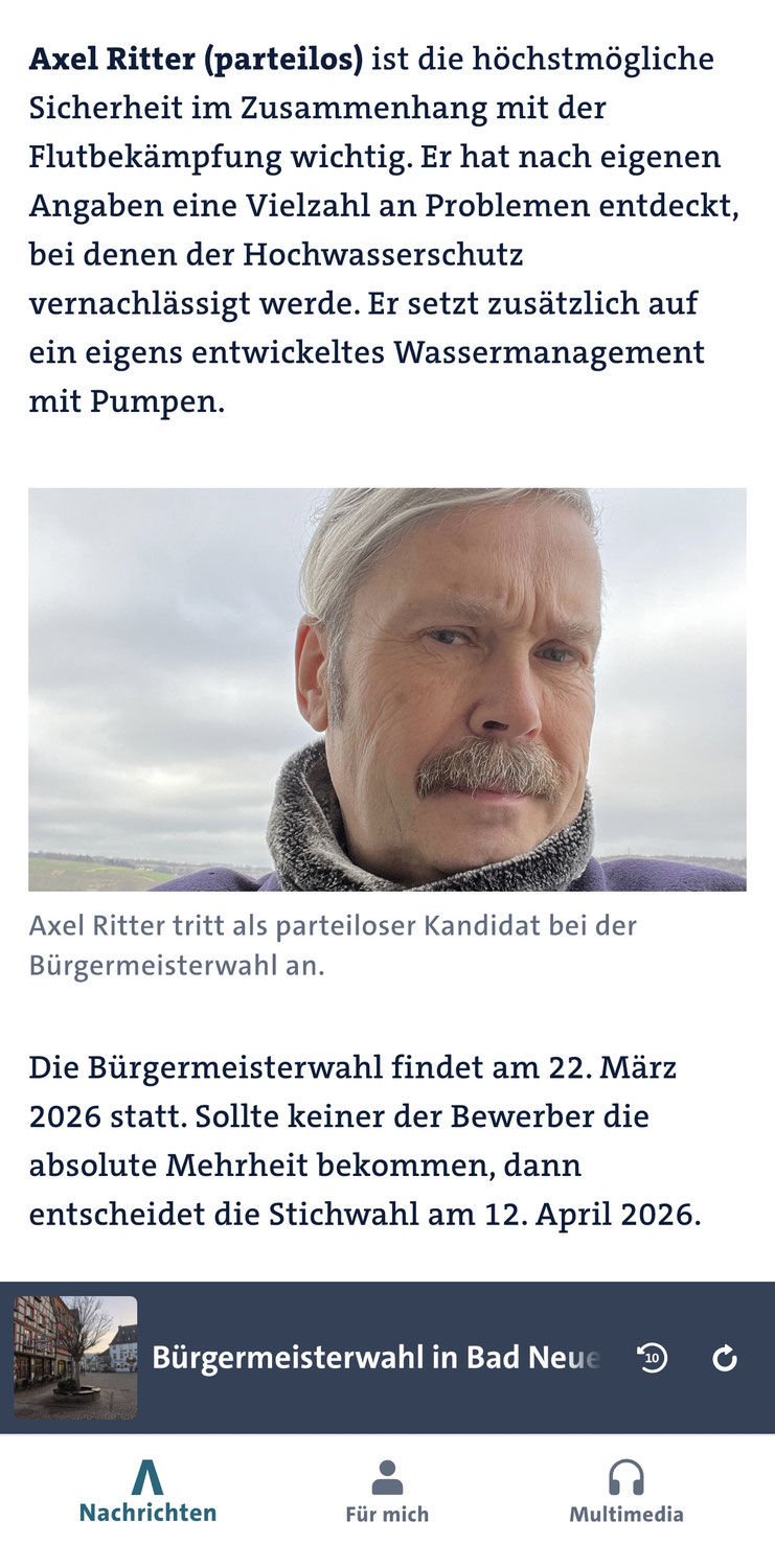 BERICHTERSTATTUNG U.A. ÜBER BÜRGERMEISTER-KANDIDAT FÜR BAD NEUENAHR-AHWEILER 2026 ARCHITEKT DR. ING. AXEL RITTER DURCH DEN SWR AM 20.03.2026 AUF SWR AKTUELL
