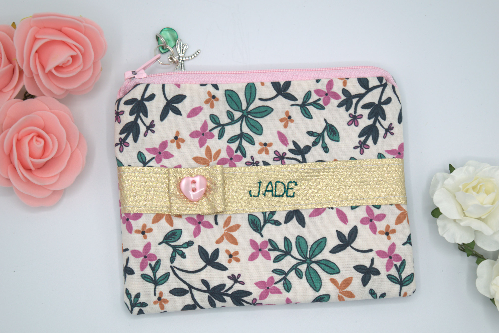 Porte monnaie enfant personnaliser – Broderie Prénom – Motif Floral Jade