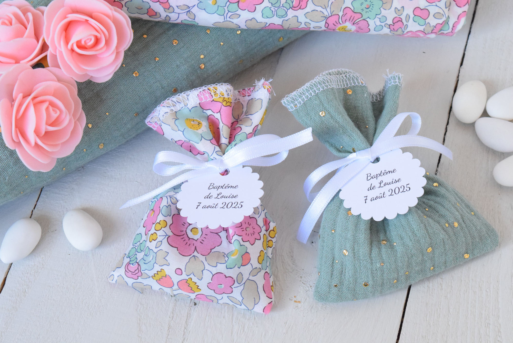 Sachet dragées liberty Betsy vert rose