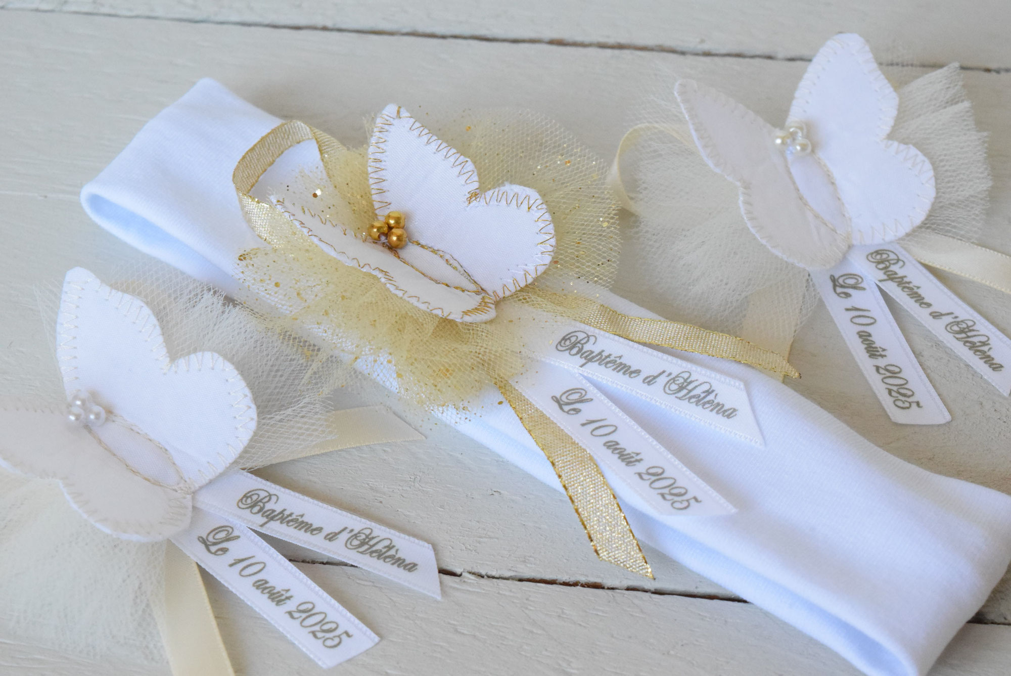 Bandeau bébé et broche baptême personnalisée