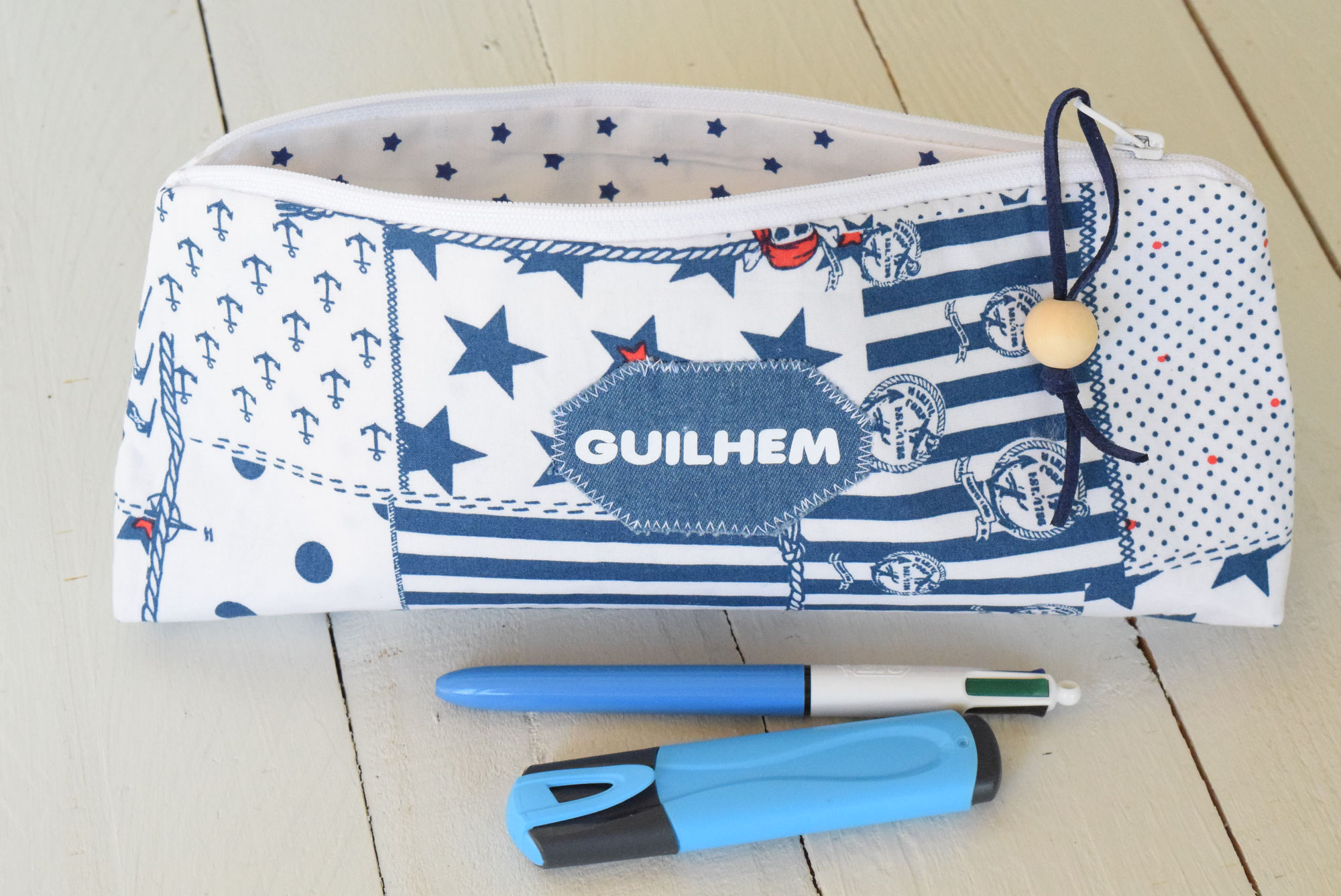 Trousse école prénom garçon enfant Pirate bleu blanc