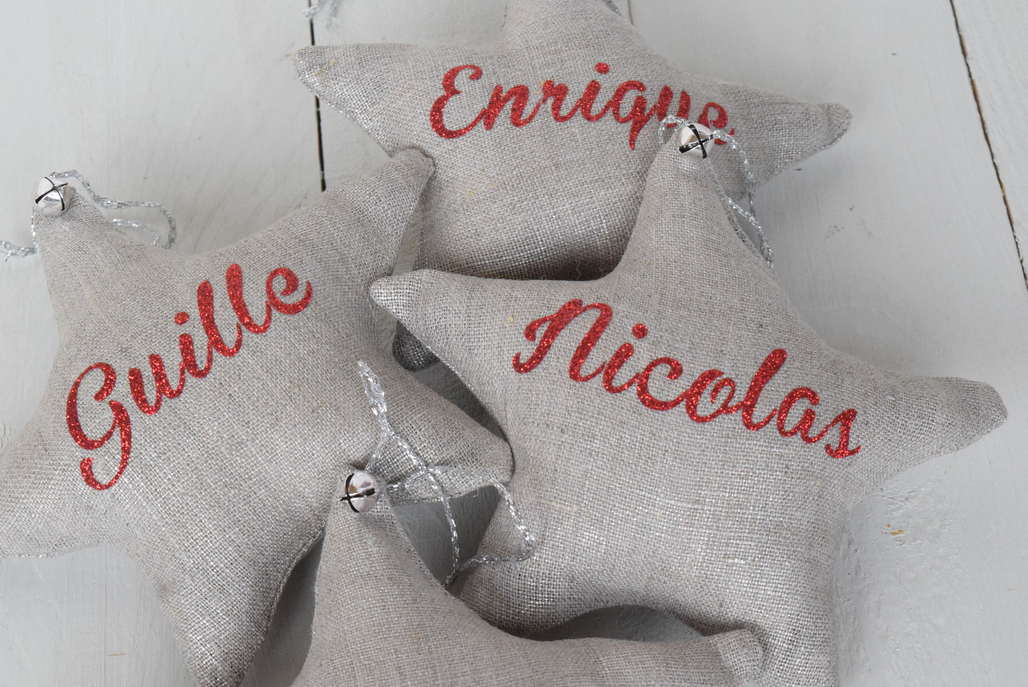 Etoile de noël lin argenté et prénom