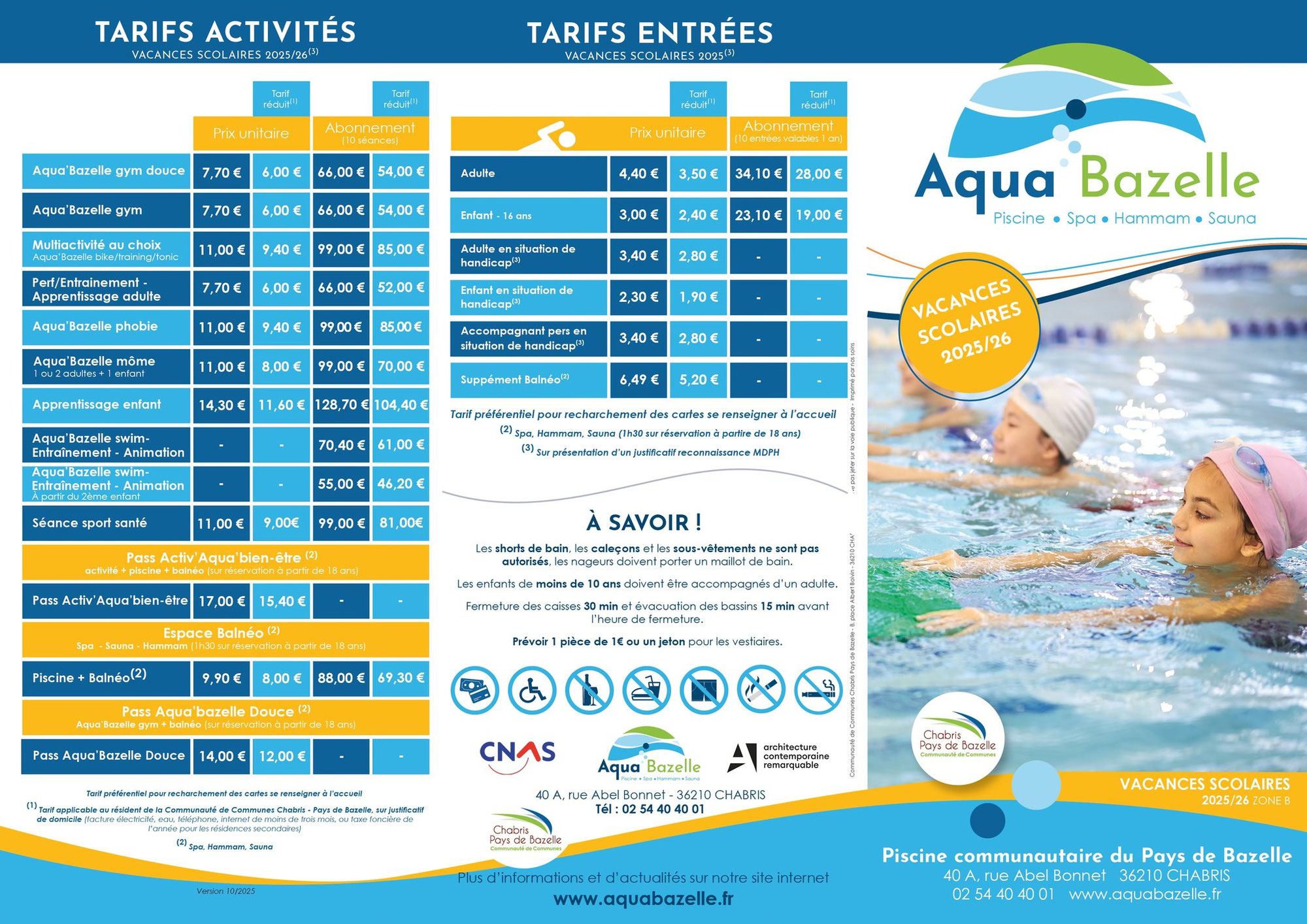 Horaires et activités -  vacances scolaires - Piscine Aqua'Bazelle