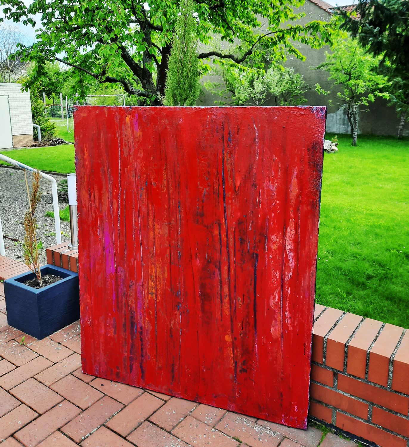120 x 100 cm -rotes abstraktes Acrylbild starke Struktur