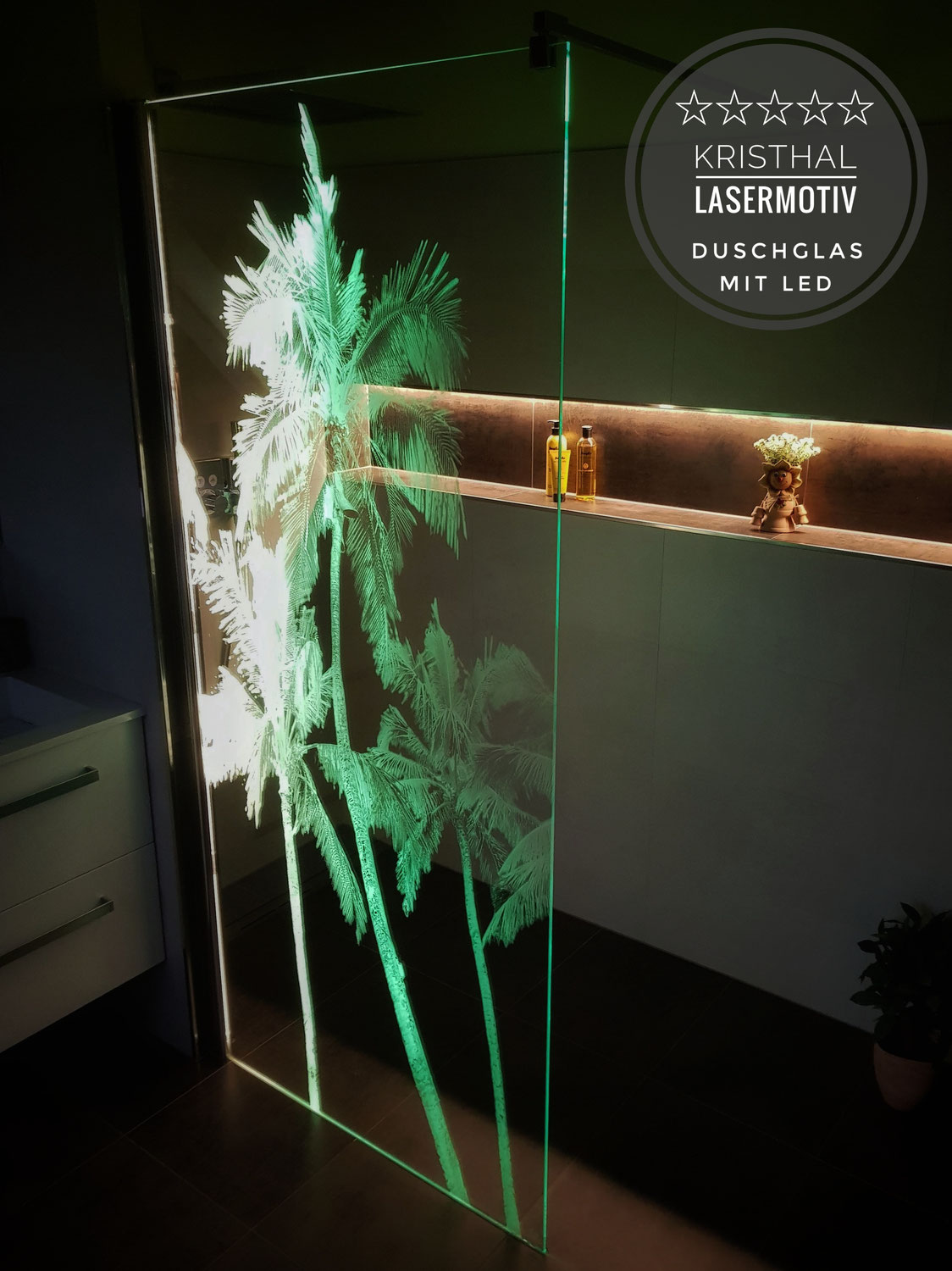 Duschtrennwand mit Lasermotiv | LED-Beleuchtung