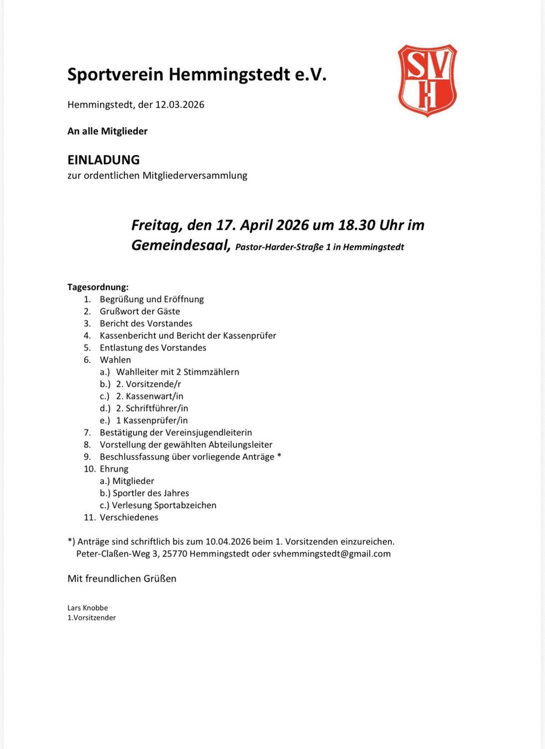 Einladung zur Mitgliederversammlung am 17.04.2026 im Gemeindesaal der Kirche
