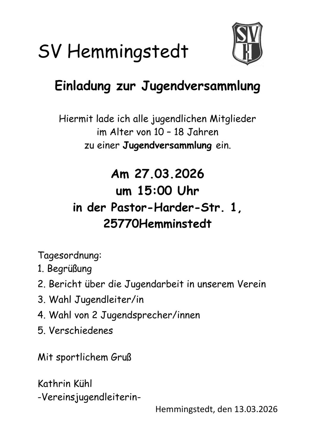 Einladung zur Jugendversammlung und zum Spielenachmittag