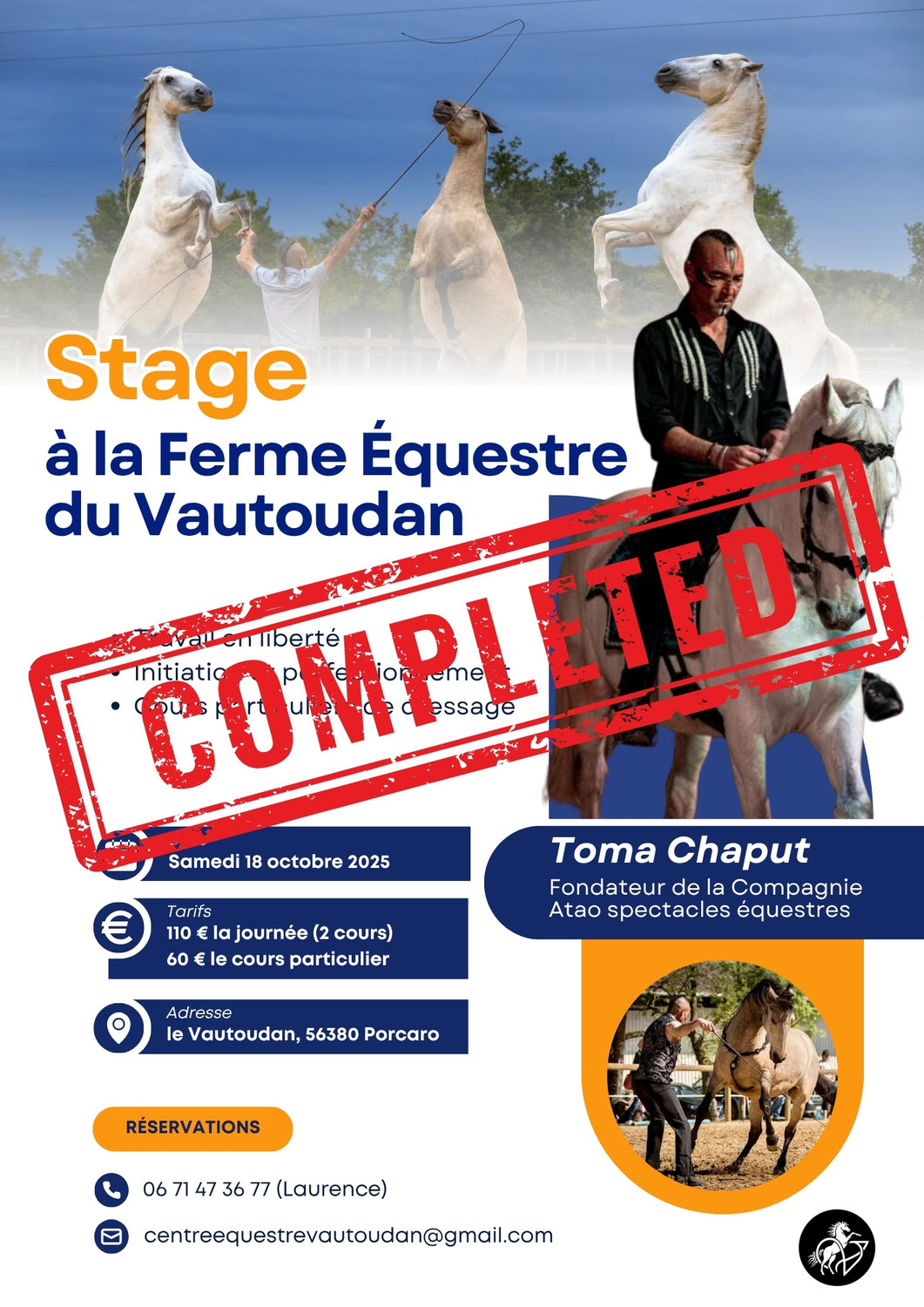 COMPLET - STAGE AVEC TOMA CHAPUT À LA FERME ÉQUESTRE DU VAUTOUDAN