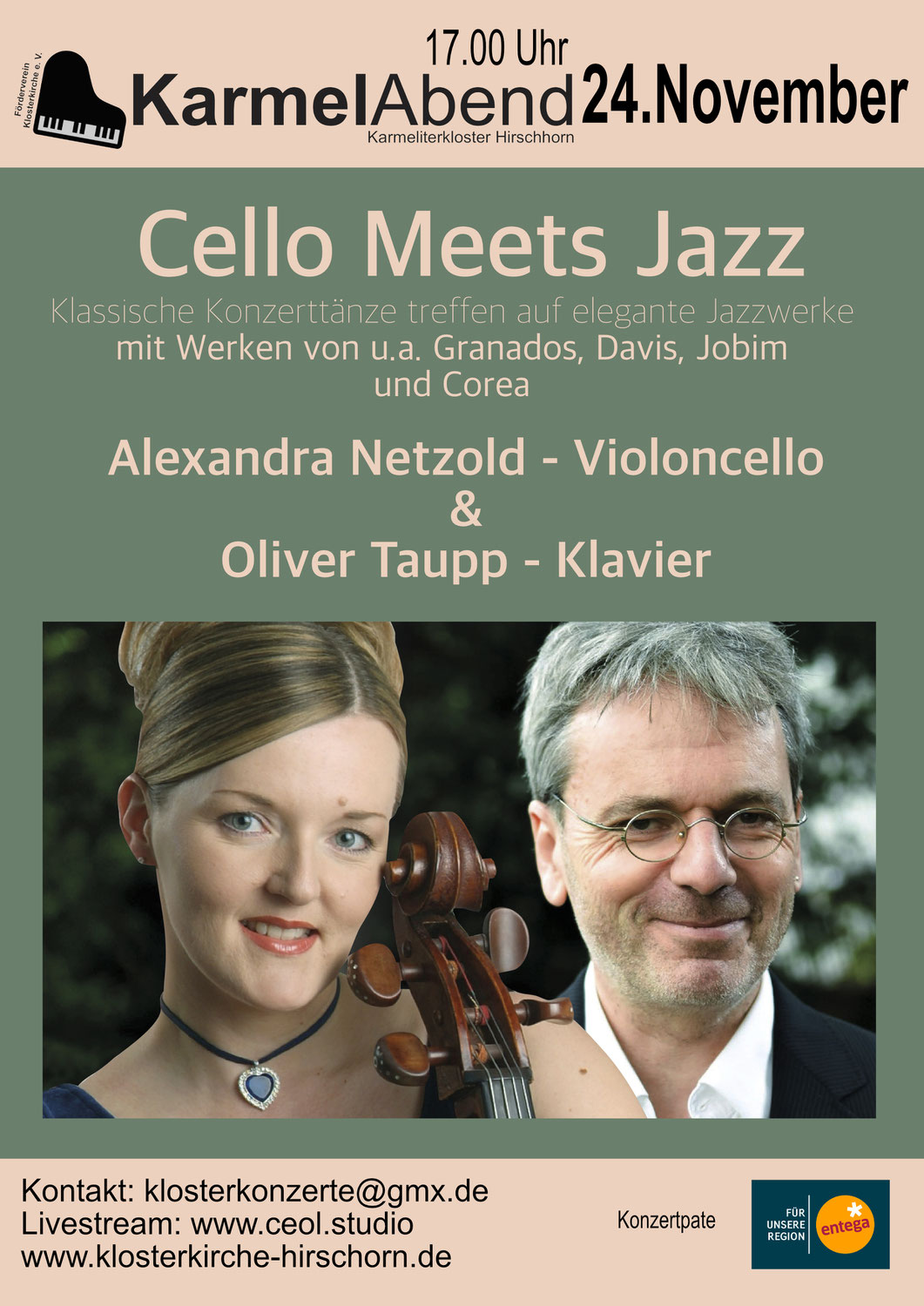 „CELLO MEETS JAZZ“ -KONZERT MIT  GEDOK - KONZERTCELLISTIN ALEXANDRA NETZOLD UND JAZZPIANIST OLIVER TAUPP