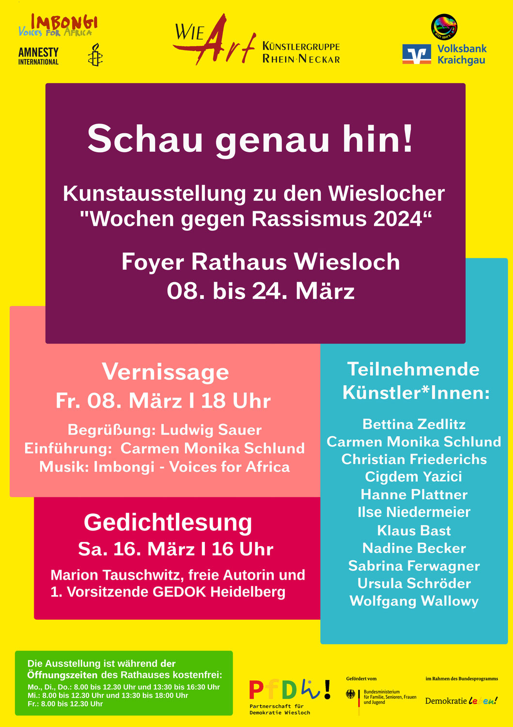 Gedichtlesung zur Kunstausstellung „Schau genau hin!“  zu den Anti-Rassismus Wochen in Wiesloch