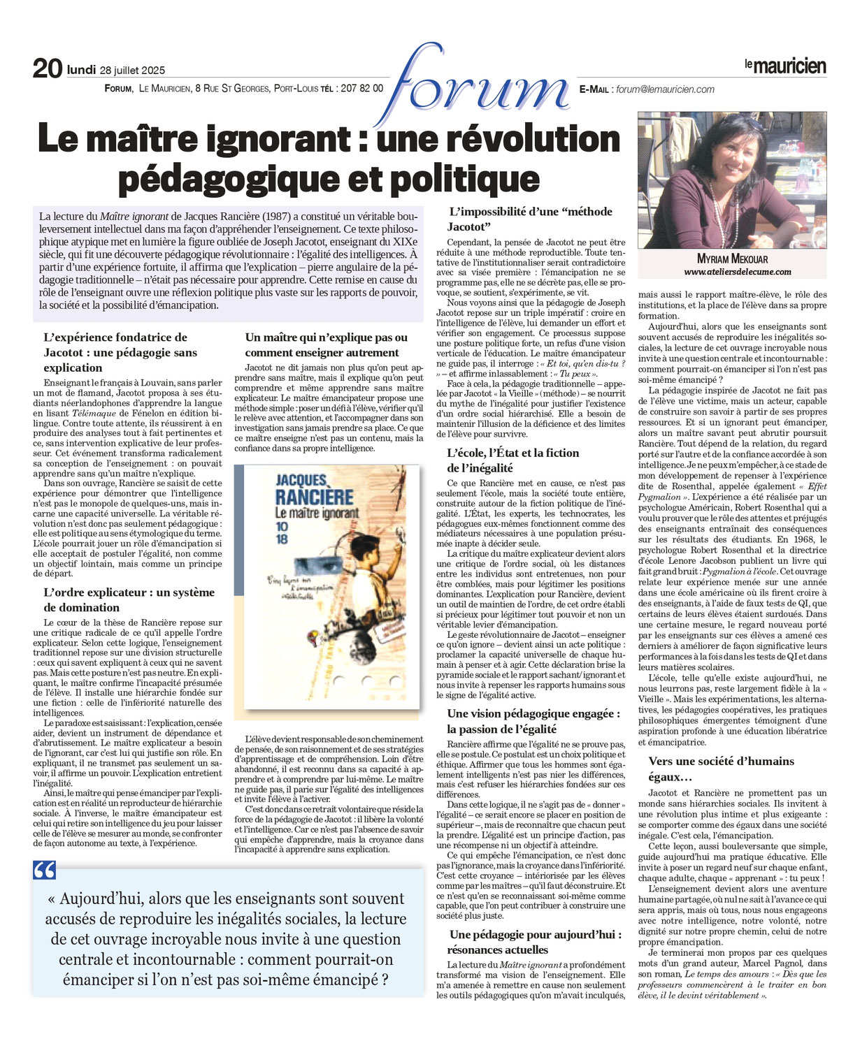 Mon dernier article paru le 28/07/2025 dans Le Mauricien