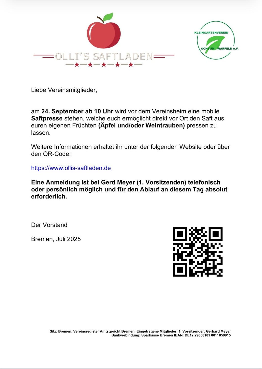 Mobile Saftpresse am 24.09.25 ab 10:00