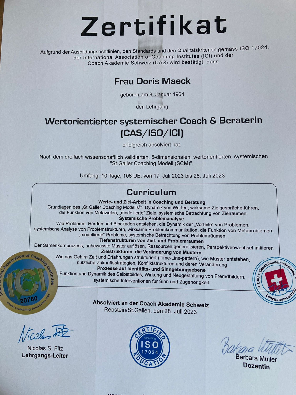 Zertifikat - Wertorientierter systemischer Coach & BeraterIn CAS/ISO/ICI