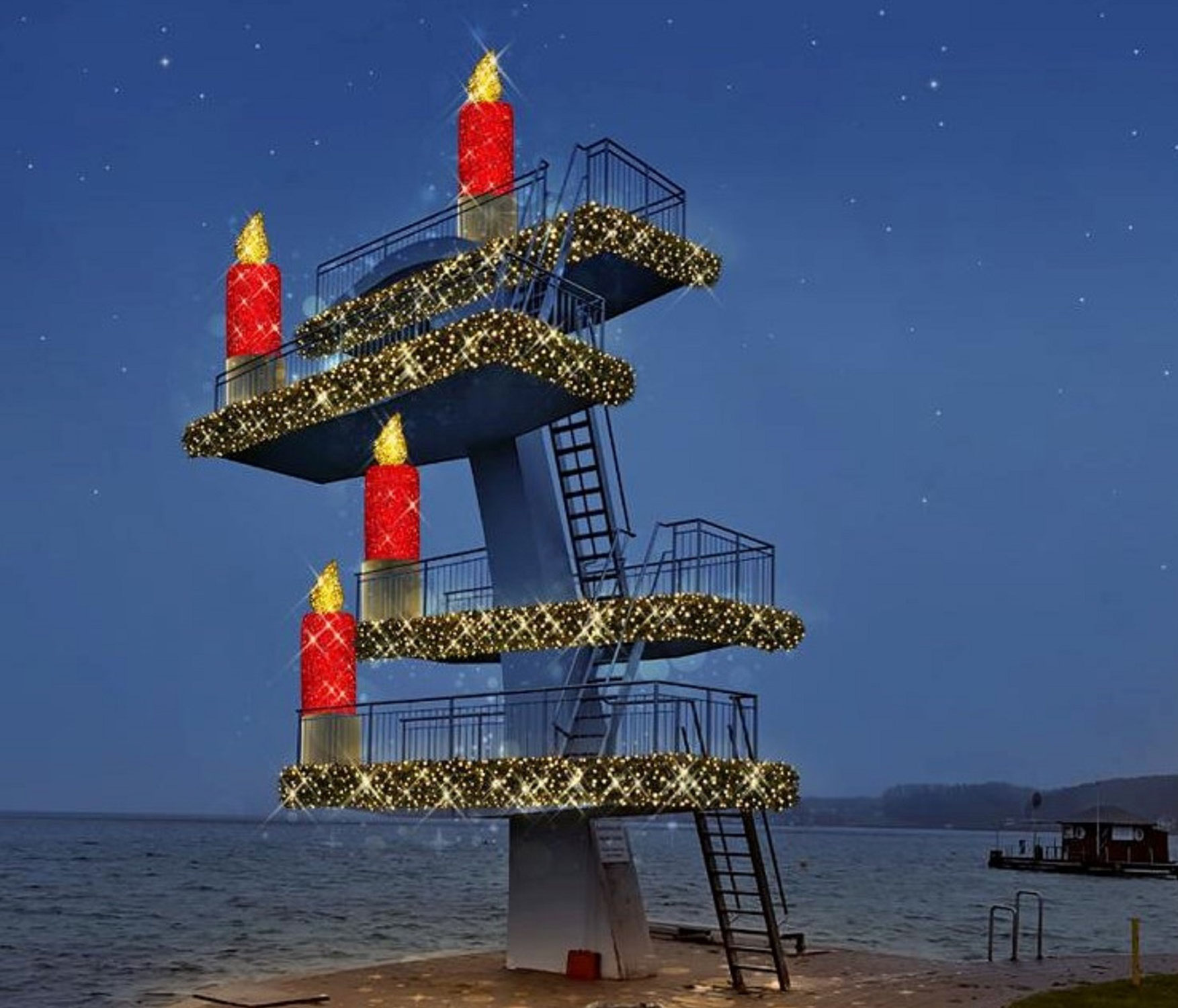 Advent am See mit beleuchtetem Kerzen-Turm