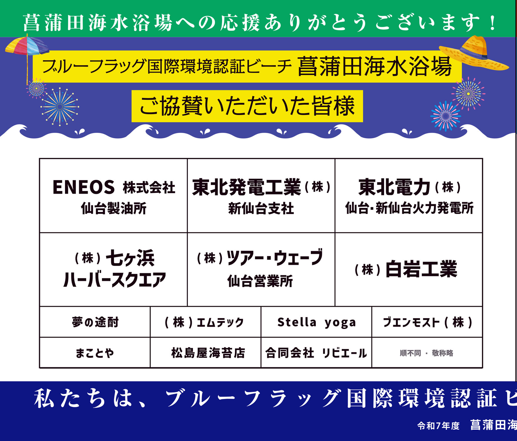 【2025年シーズン】ブルーフラッグ国際環境認証ビーチ 菖蒲田海水浴場にご協賛いただいた皆様