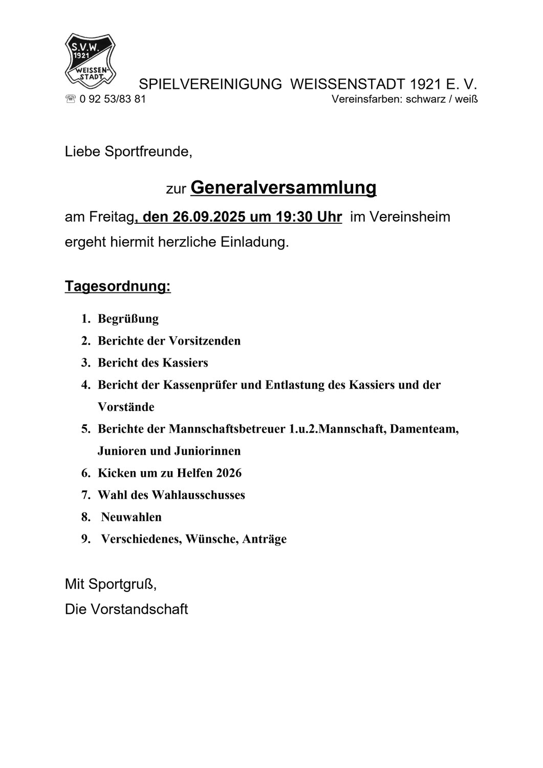 Generalversammlung Freitag 26.09.2025, 19:30 Uhr im Vereinsheim