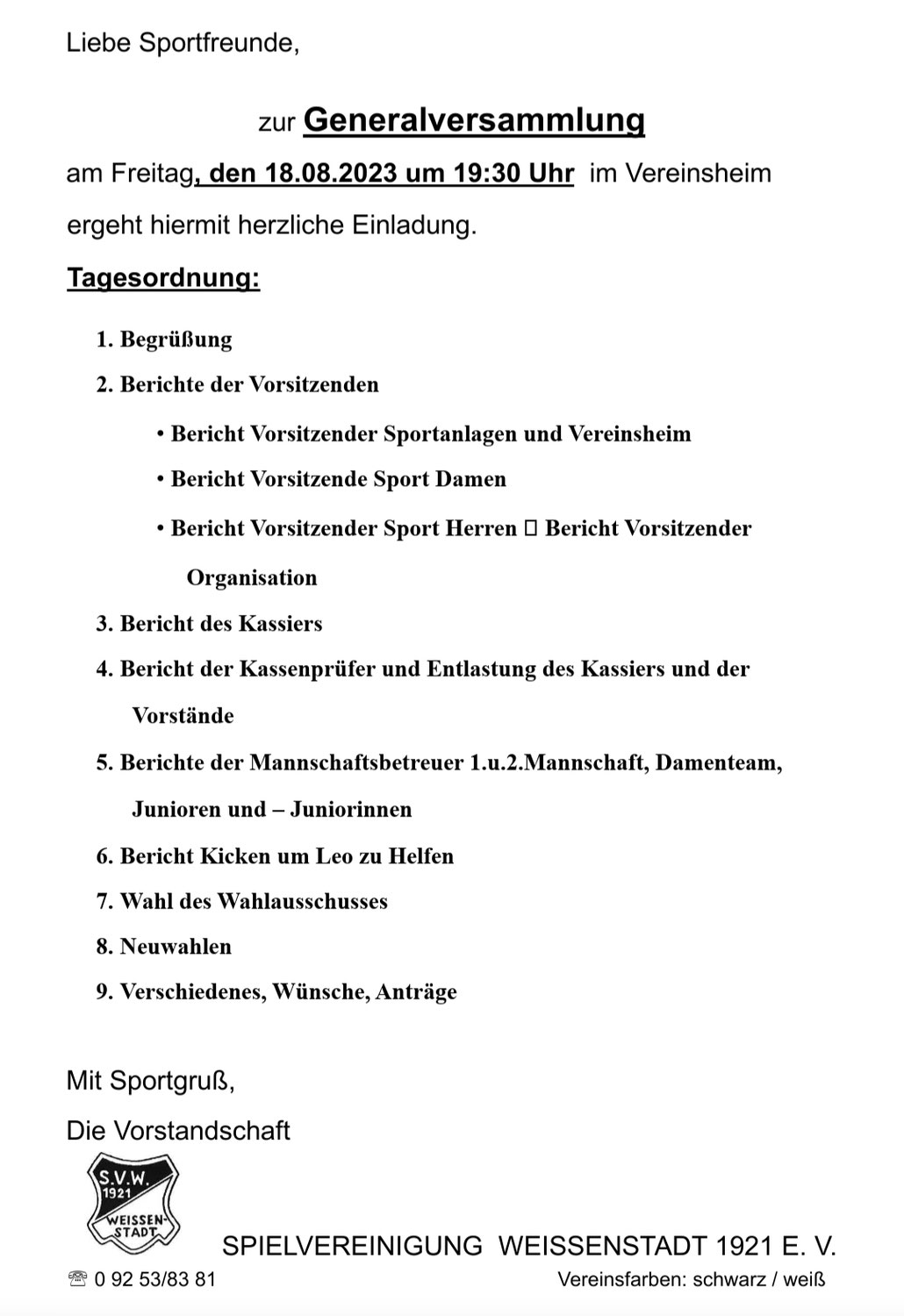 Einladung zur Generalversammlung