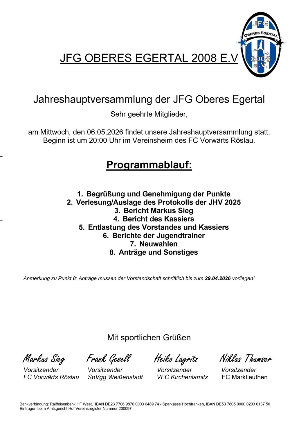 Einladung Jahreshauptversammlung JFG Oberes Egrtal 