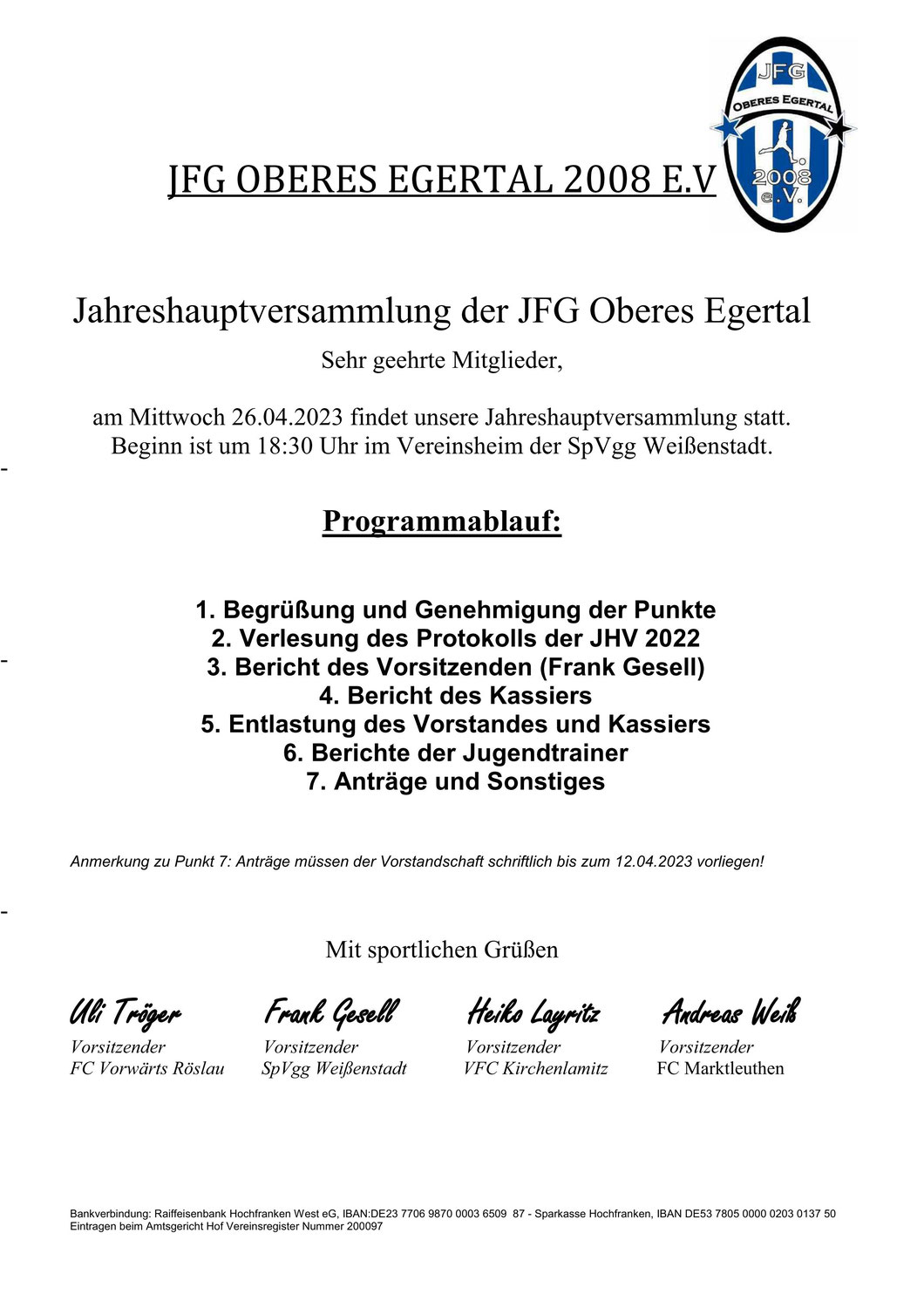 Einladung Jahreshauptversammlung JFG Oberes Egertal