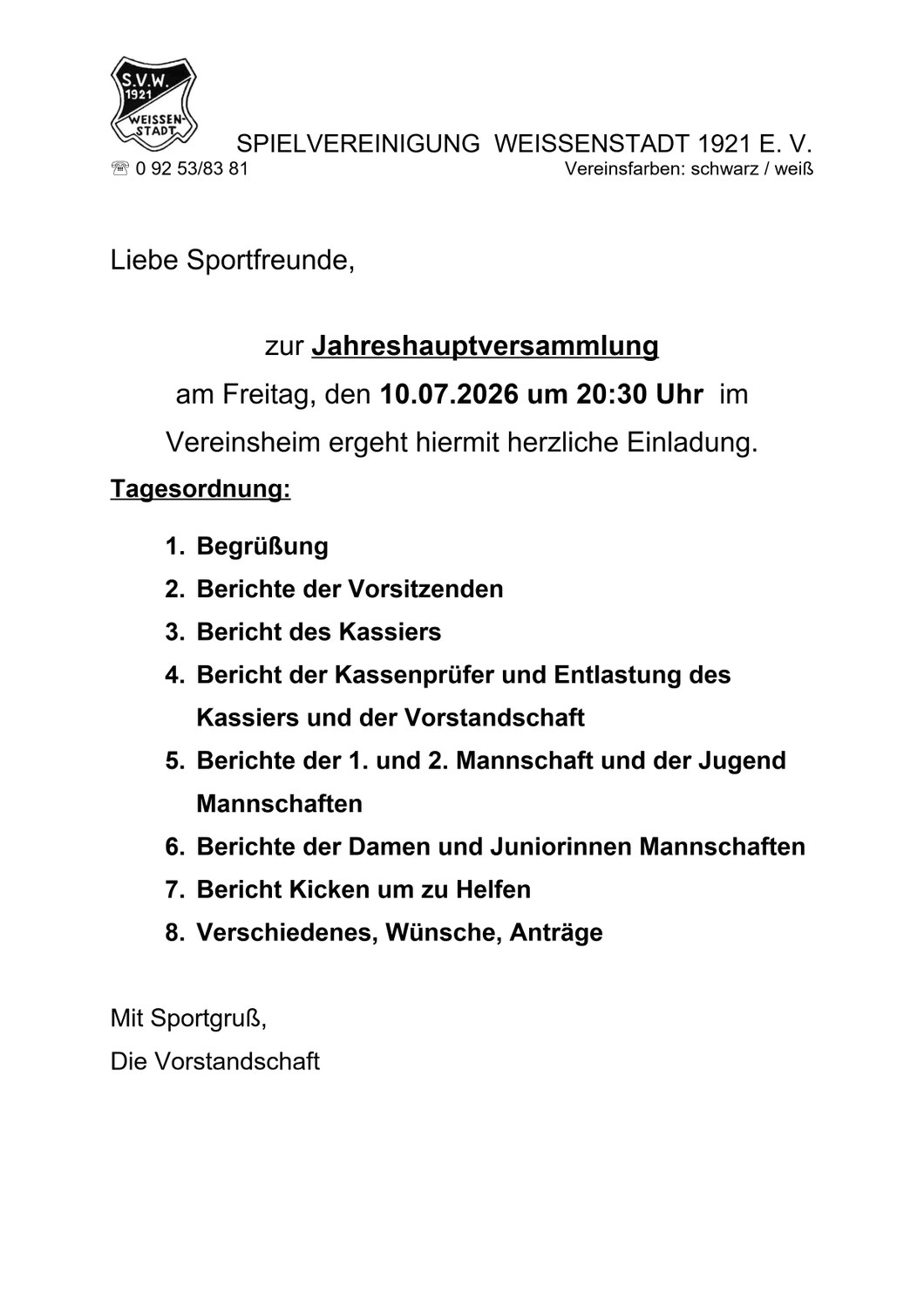 Einladung Jahreshauptversammlung am 10.07.2026