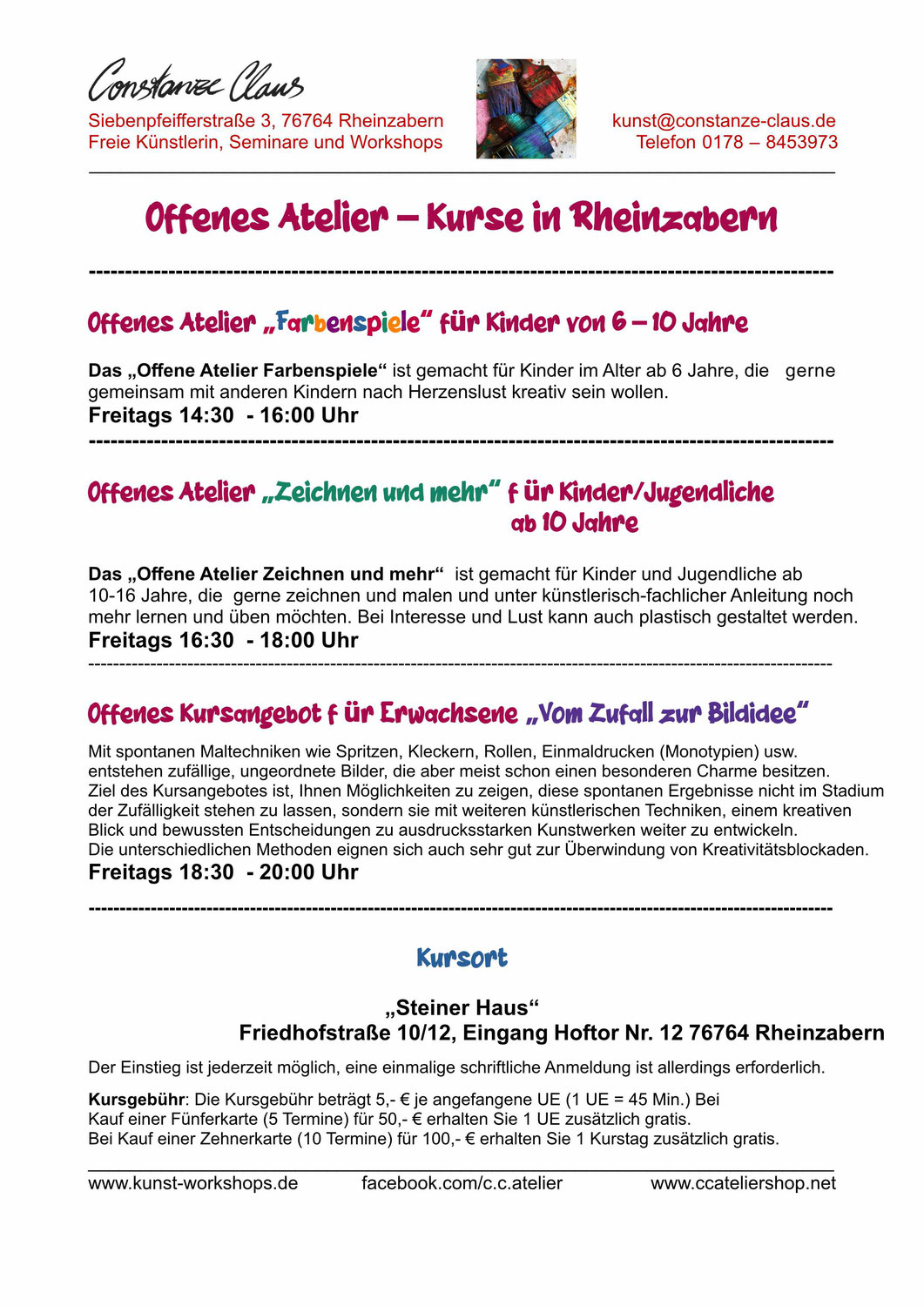 Offenes Atelier - Neue Kurse in Rheinzabern