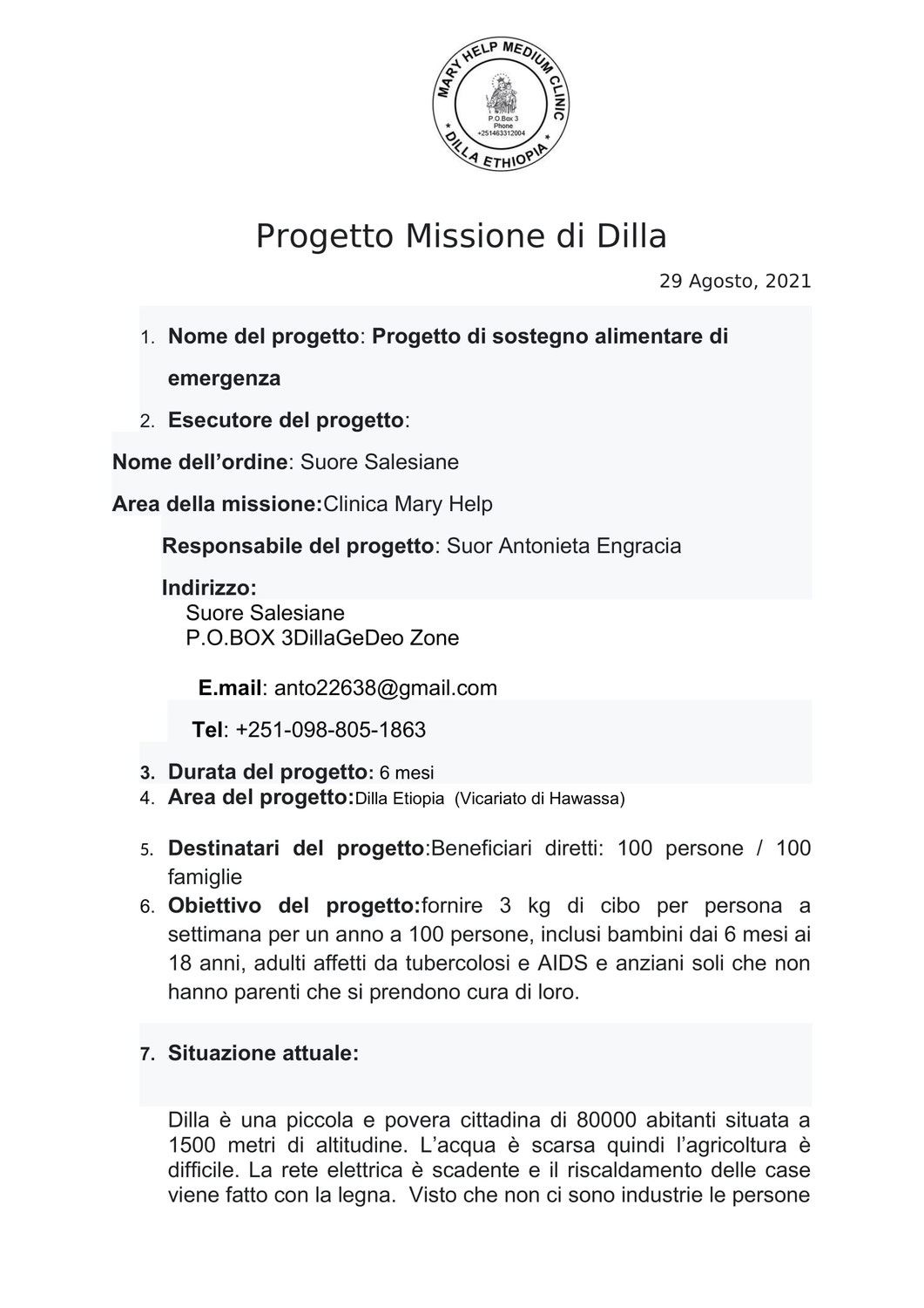 Progetto di sostegno alimentare di emergenza