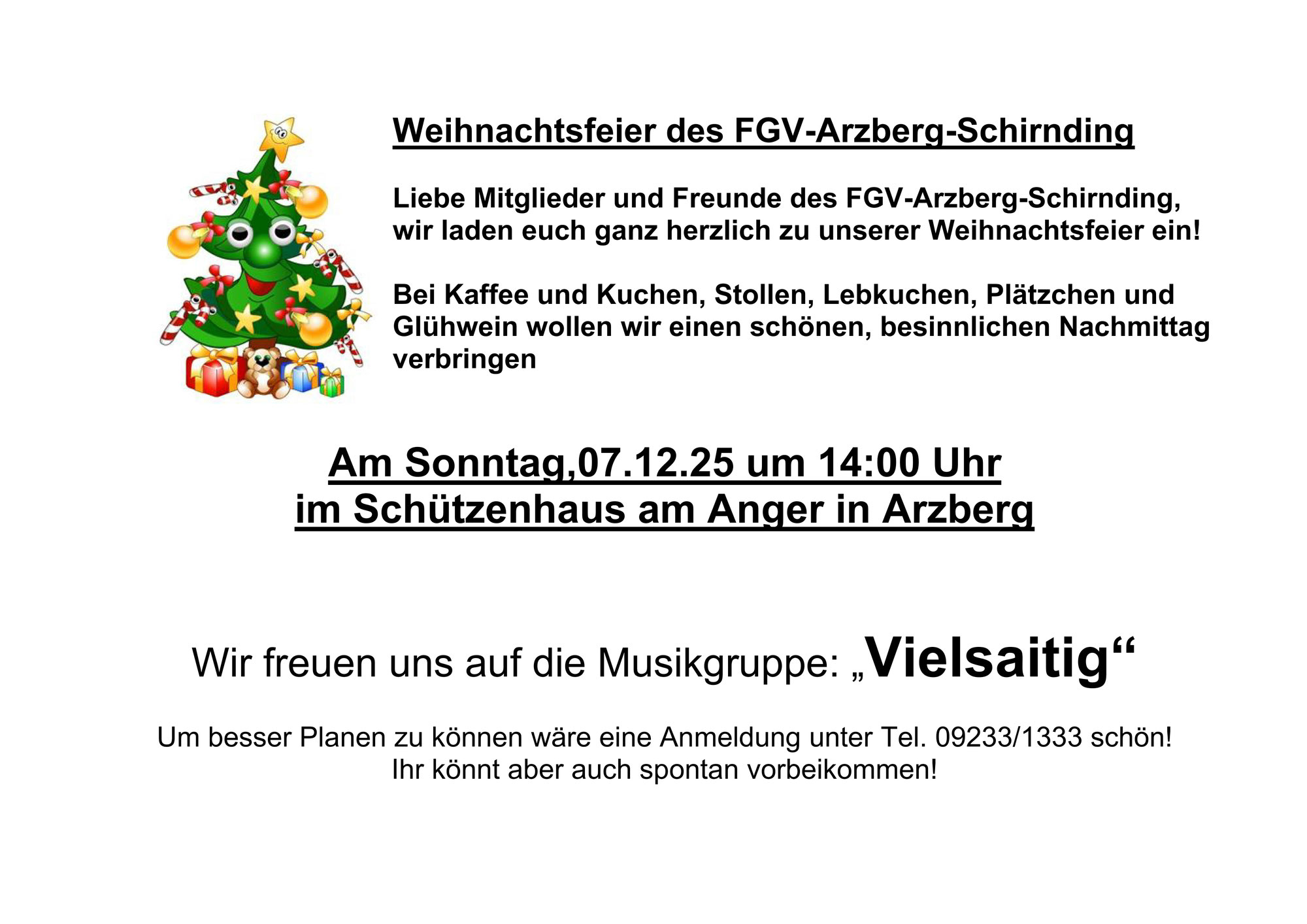 Weihnachtsfeier am 7.12.2025 um 14 Uhr im Schützenhaus Arzberg
