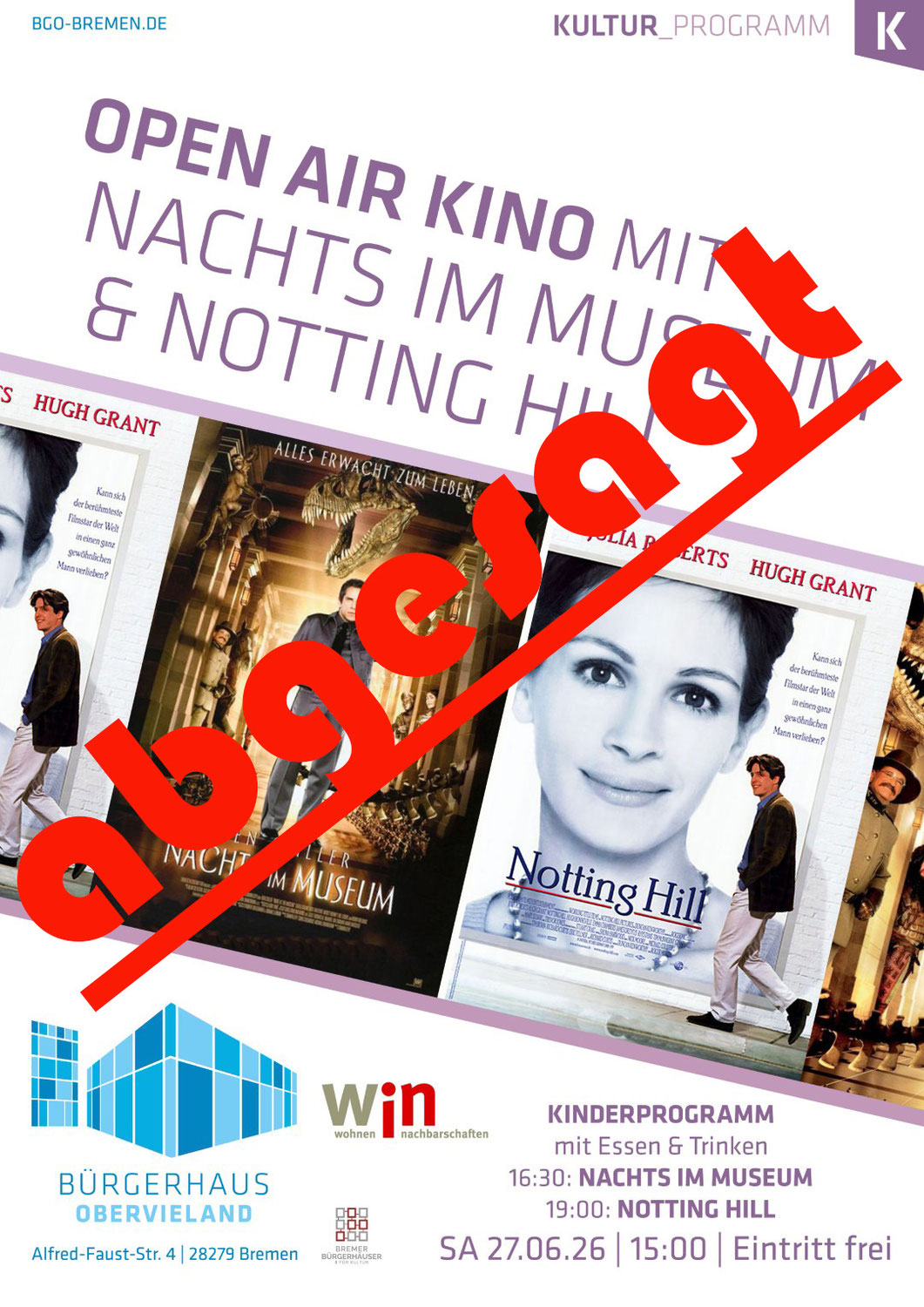 Open Air Kino am 27.06.2026 entfällt aufgrund der Hitze