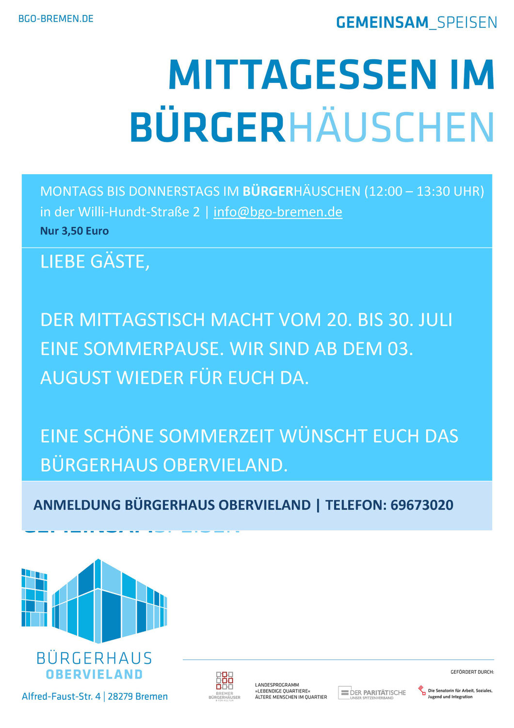 Der Mittagstisch pausiert in der KW 30 und KW 31