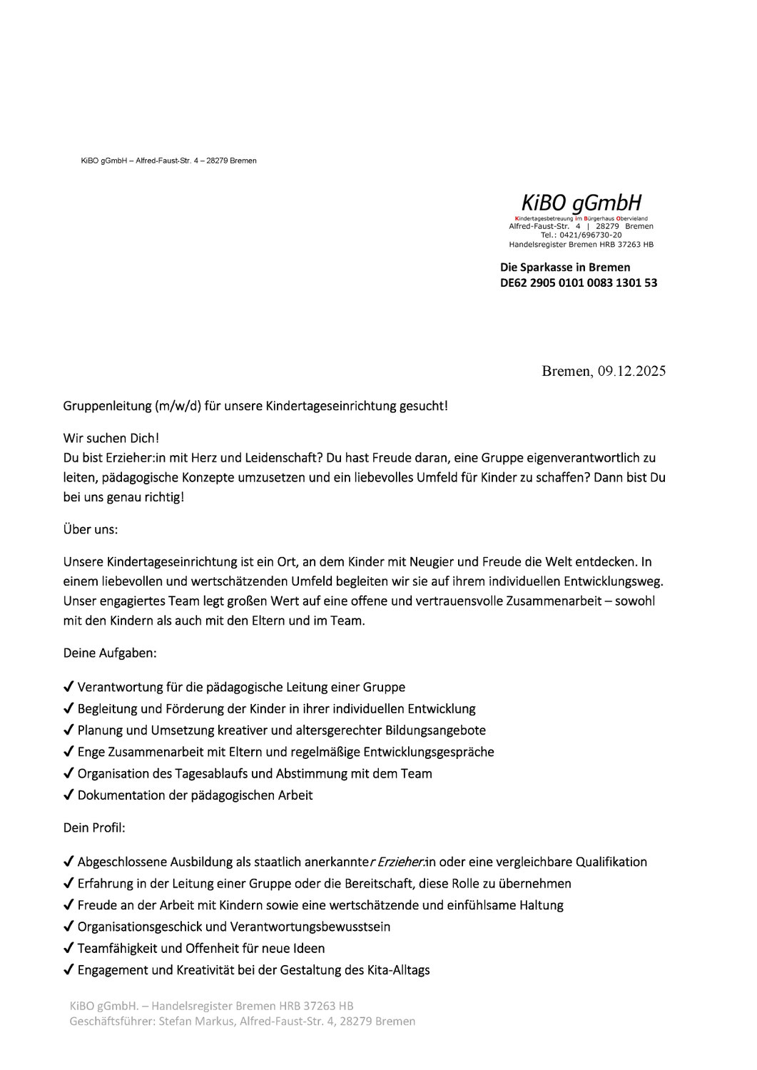 Stellenausschreibung Erzieher:in als Gruppenleitung (m/w/d) - sowie Soz. päd. Assistenz oder Kindertagespflegeperson