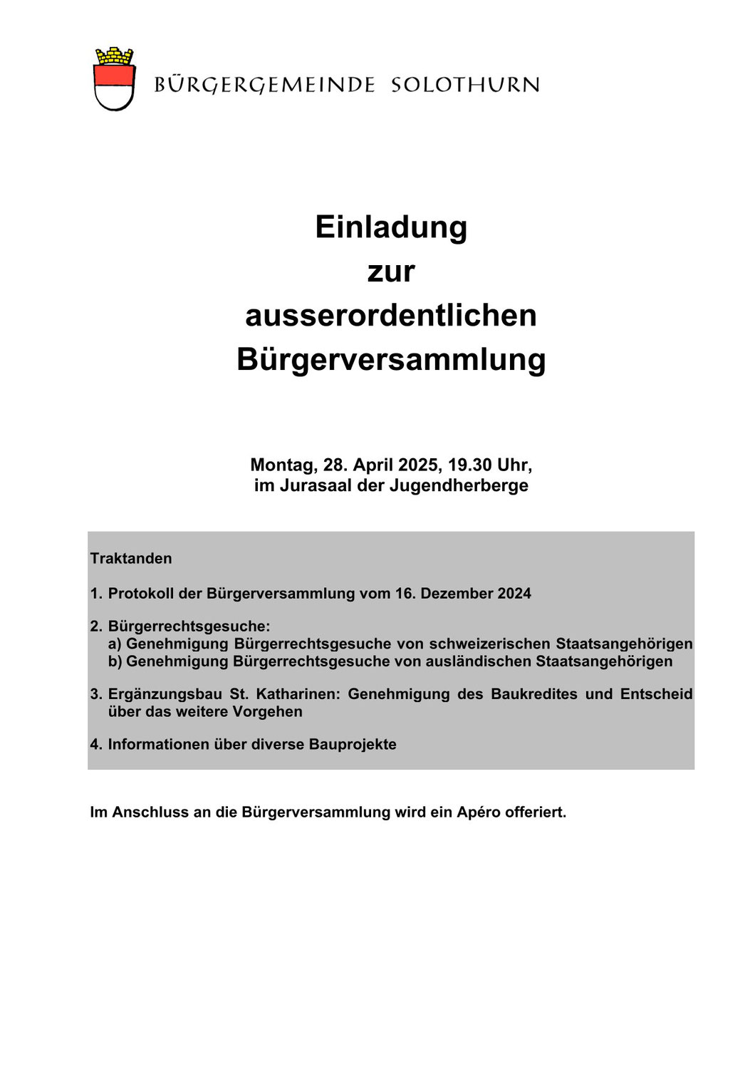 Einladung zur Bürgerversammlung vom 28. April 2025