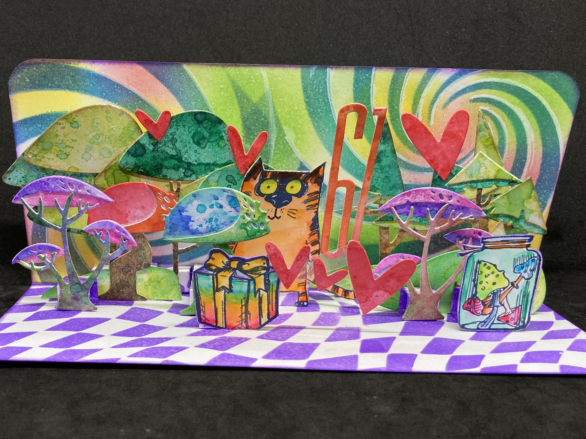 cat lost in a in a psychedelic pop up card !