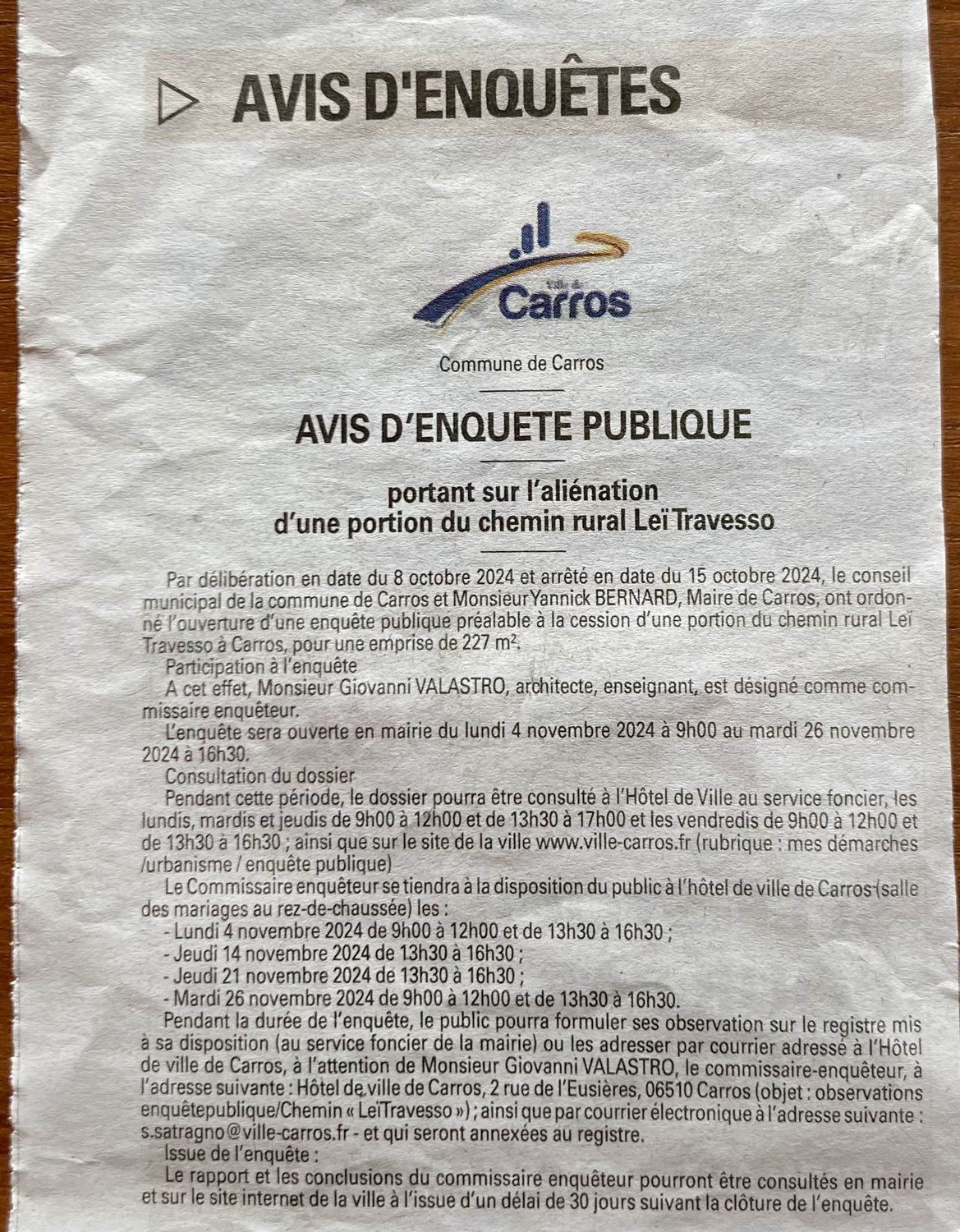 Avis d'enquete publique Carros 04.11.24