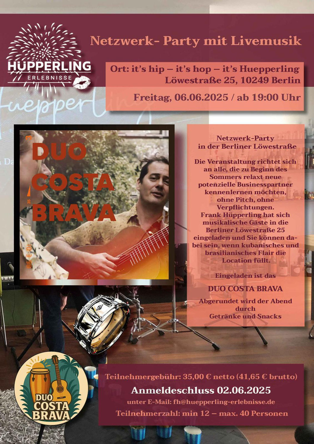 Duo Costa Brava am Lüwostrasse 25, 10249 Berlin 19.00 p.m