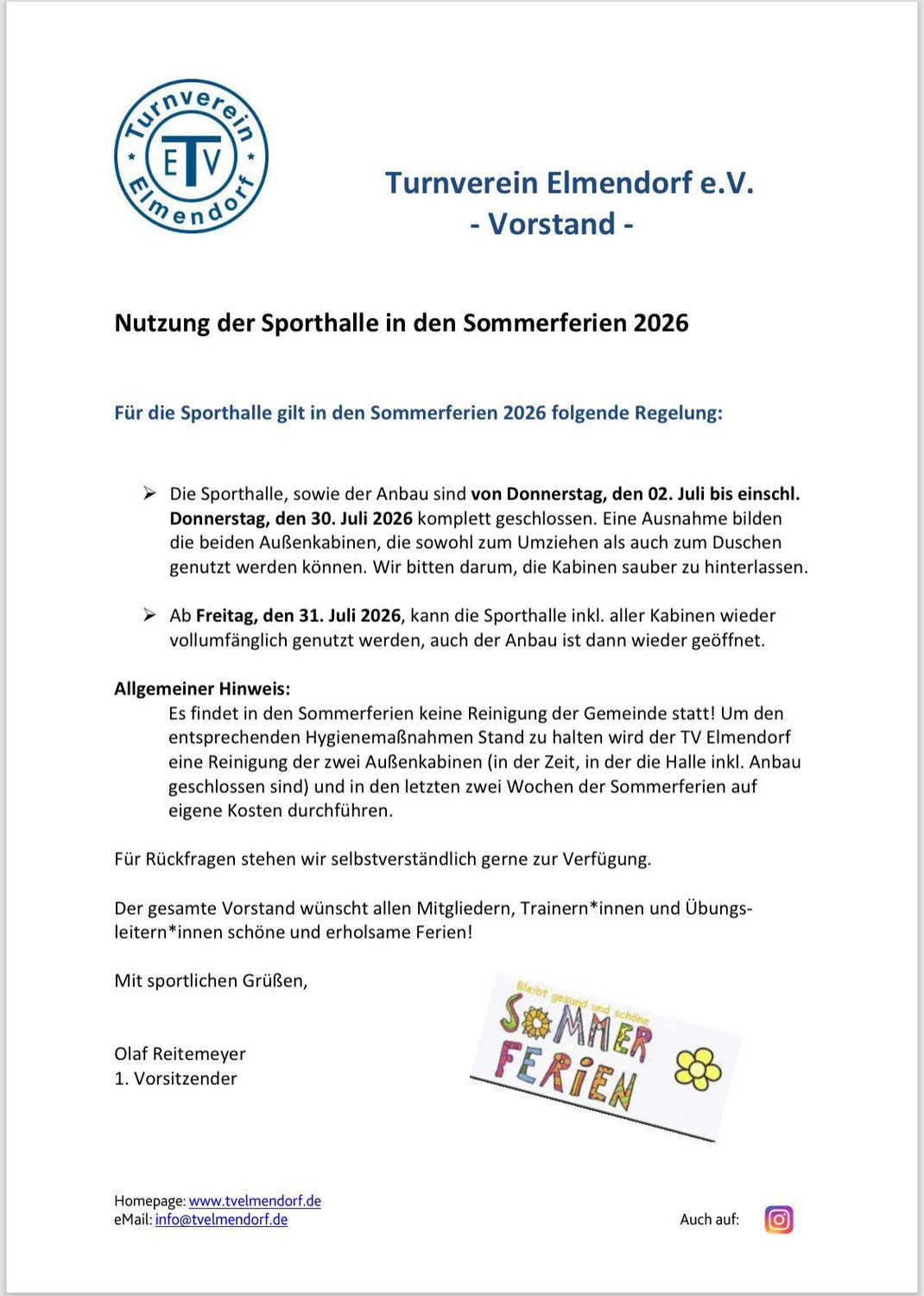 Hallennutzung in den Sommerferien