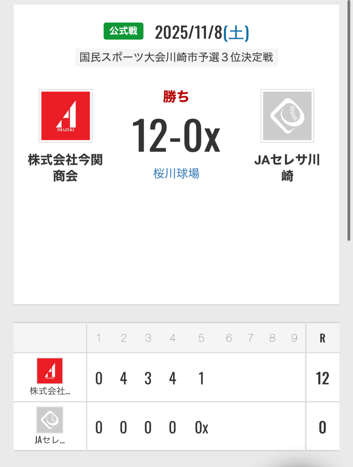 国民スポーツ大会川崎市３位決定戦　JAセレサ川崎様