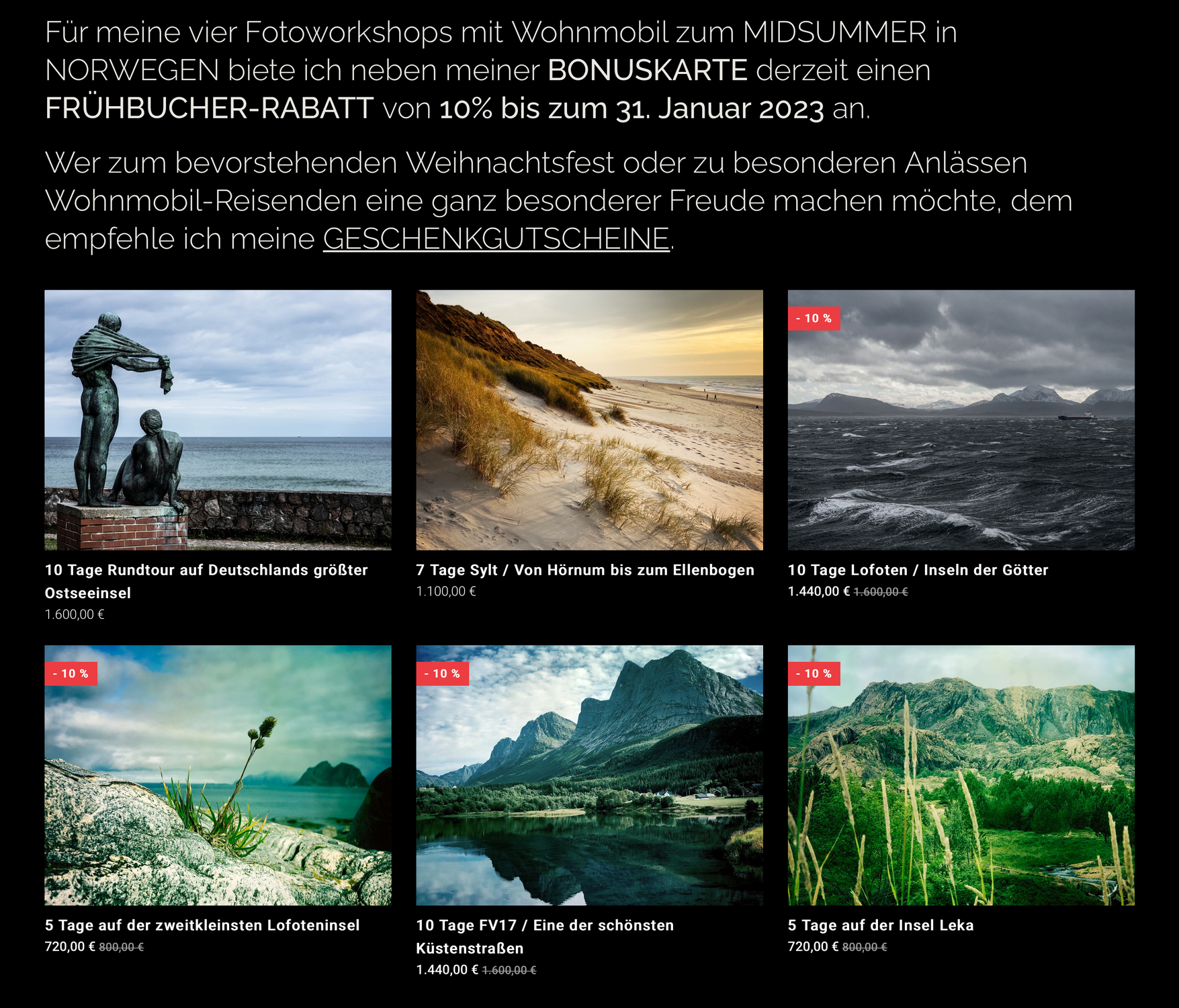 10% FRÜHBUCHER-RABATT FÜR MEINE FOTOWORKSHOPS MIT WOHNMOBIL ZUM MIDSUMMER IN NORWEGEN 2023