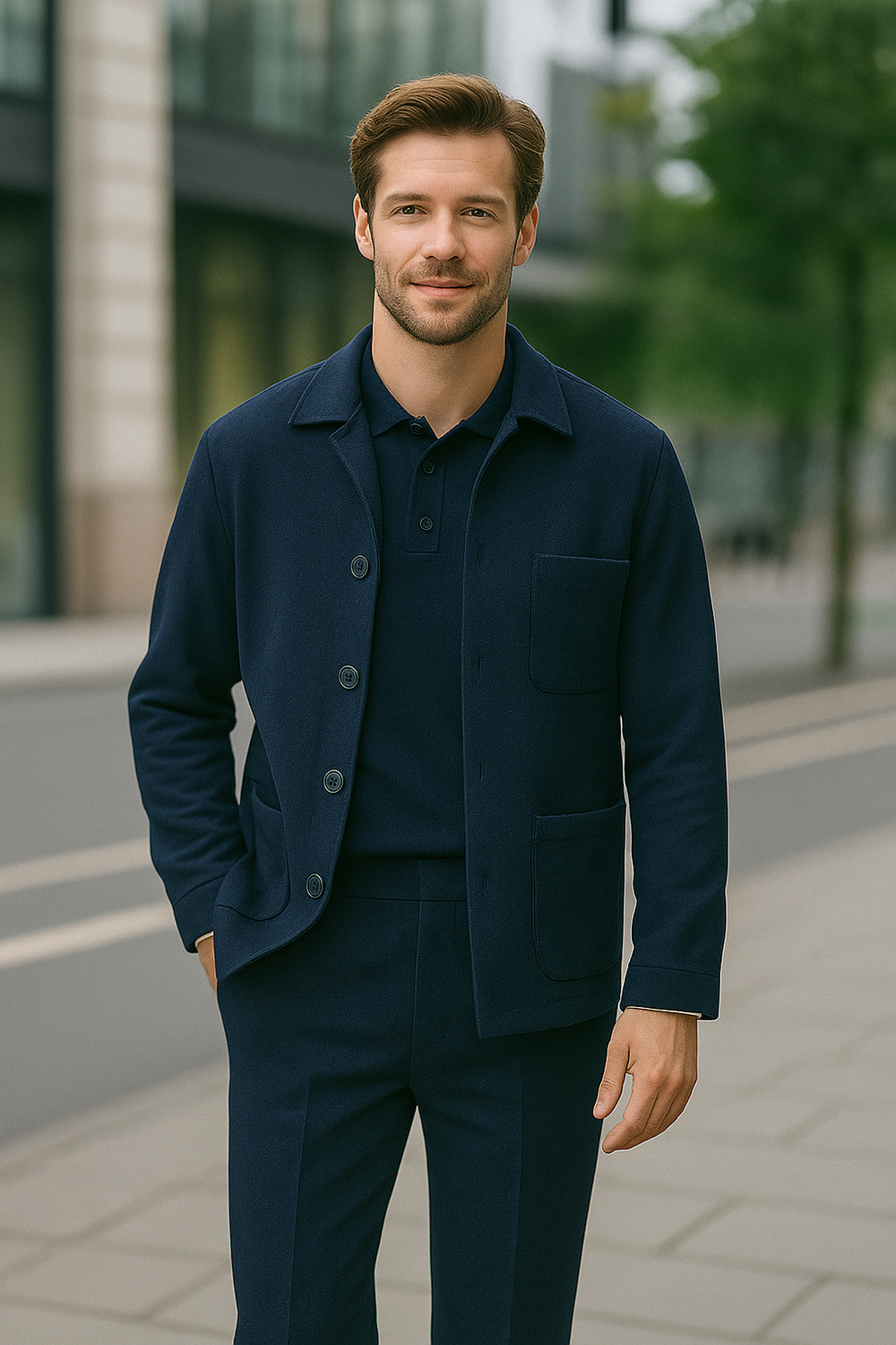 Blauer Hochzeitsanzug wird zum Casual-Look