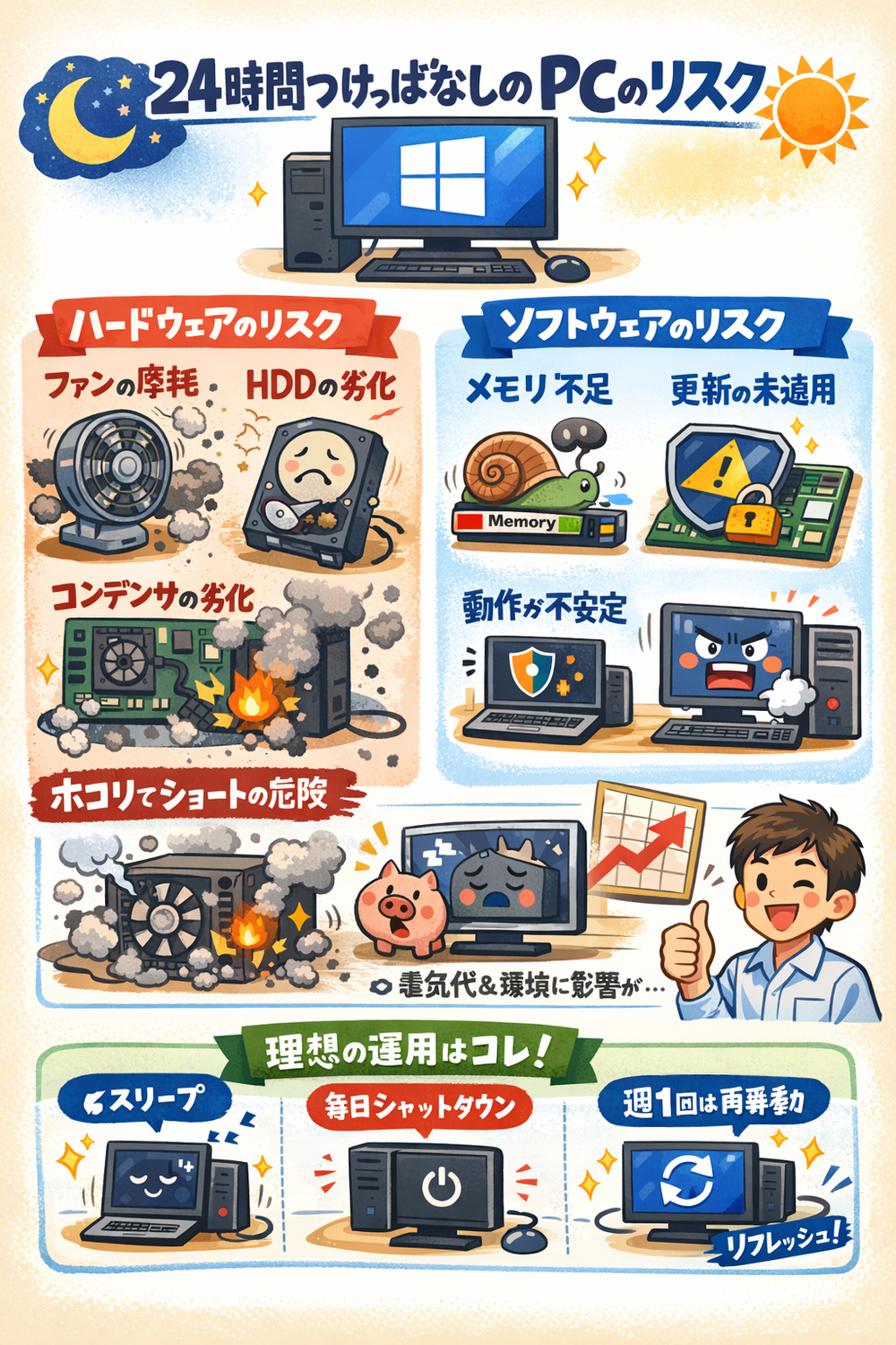 Windowsパソコンをつけっぱなしは危険？寿命・不具合・電気代のリスクと正しい使い方