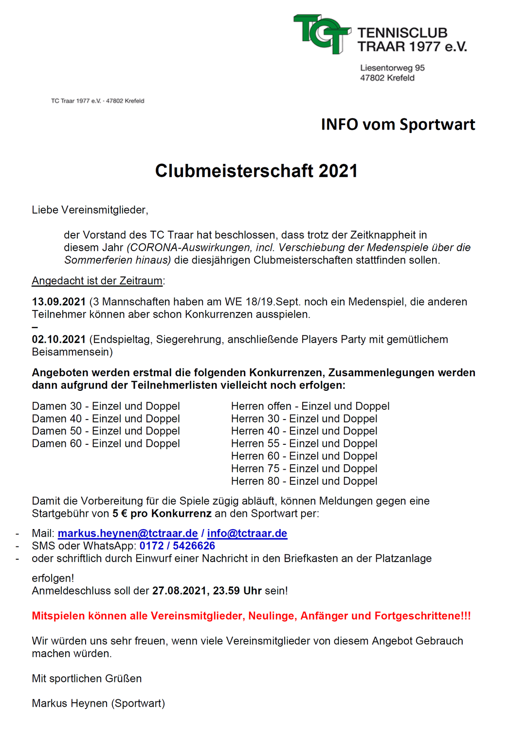 INFO vom Sportwart: Clubmeisterschaften 2021