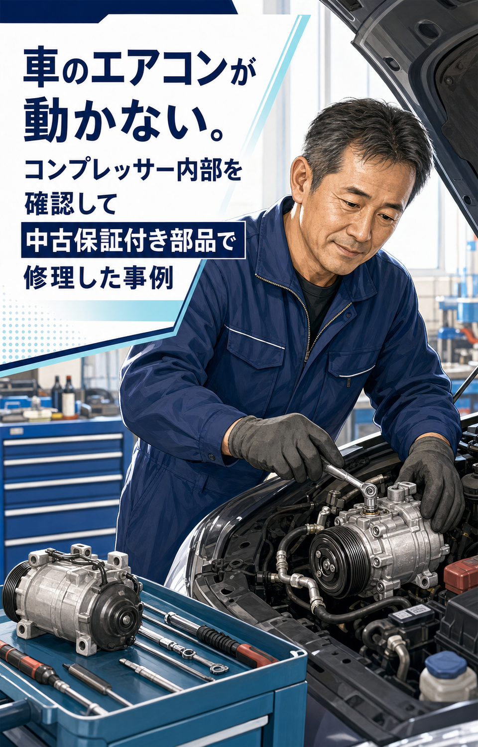 車のエアコンが動かない。コンプレッサー内部を確認して中古保証付き部品で修理した事例