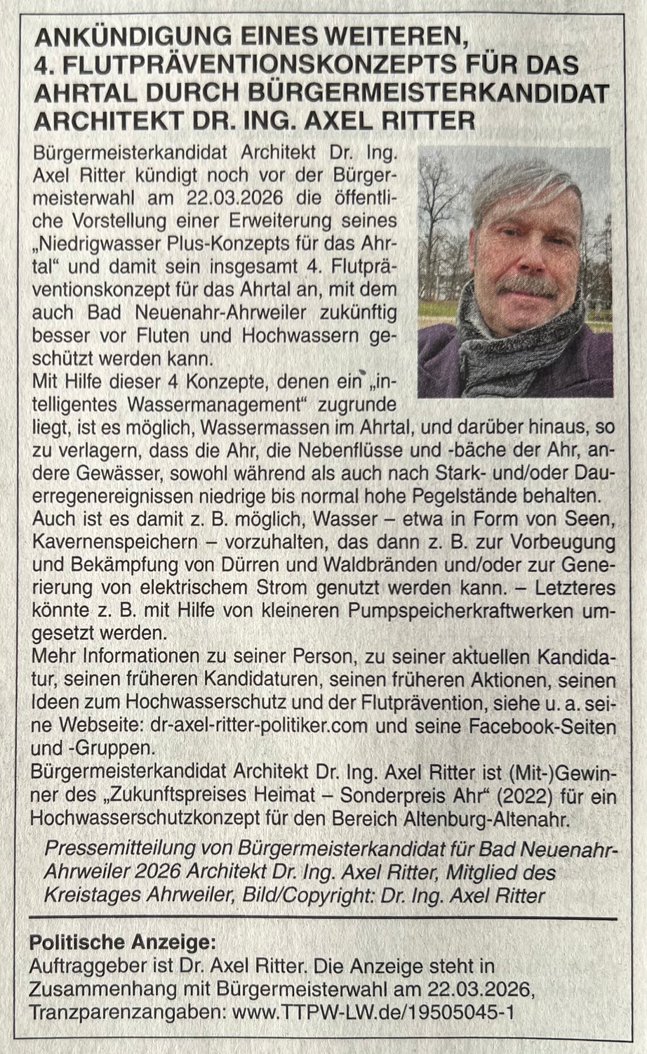 WAHL-ANZEIGE VON BÜRGERMEISTER-KANDIDAT DR. AXEL RITTER MDK FÜR BAD NEUENAHR-AHRWEILER 2026 (PARTEILOS, UNABHÄNGIG) - ANZEIGE 01