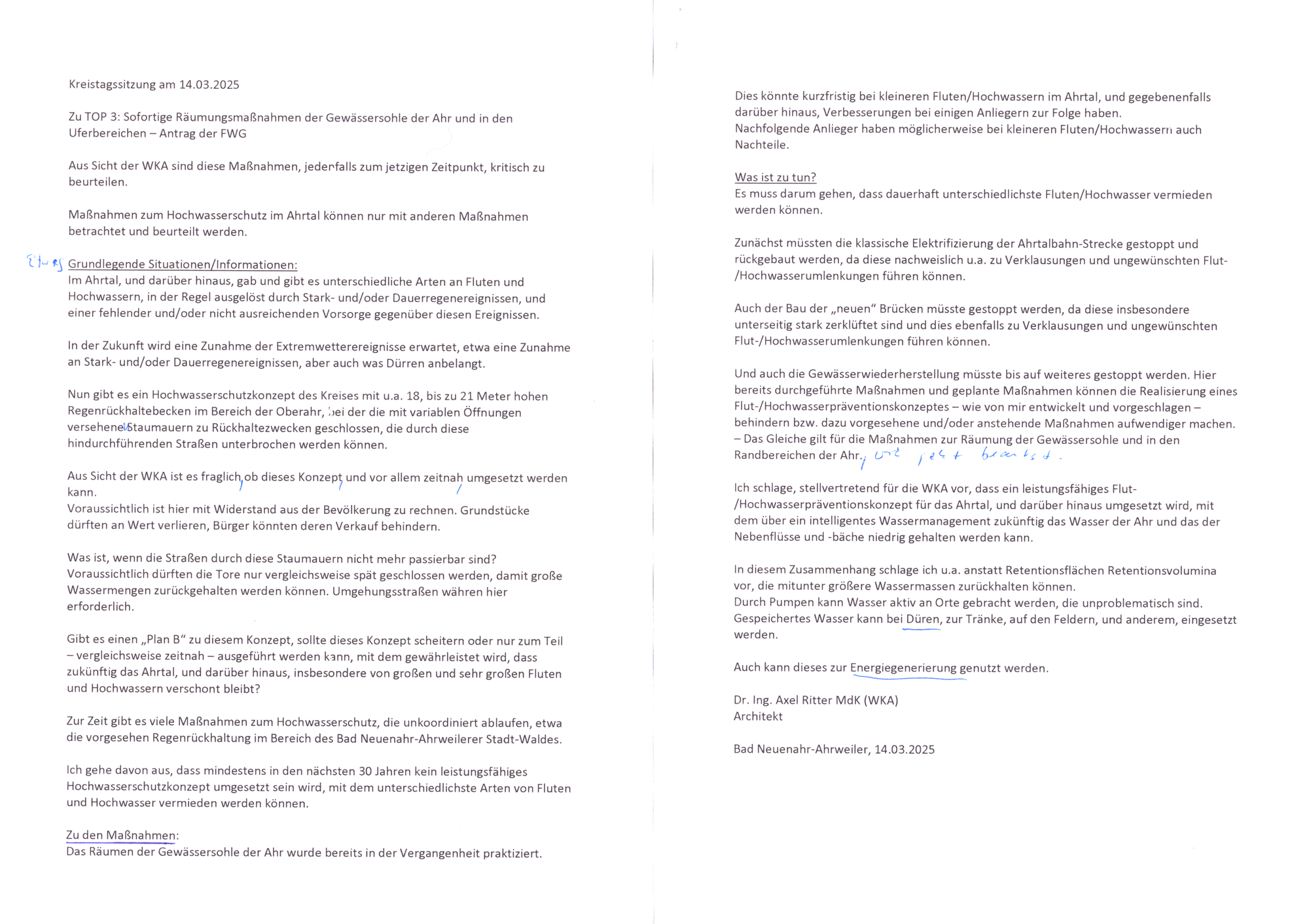 STATEMENT DR. AXEL RITTER (WKA) ZUM TOP 3, KREISTAGSSITZUNG 14.03.2025: "ANTRAG AUF RÄUMUNG DER AHR-SOHLE", UND ZU DEN VOM KREIS GEPLANTEN REGENRÜCKHALTEBECKEN