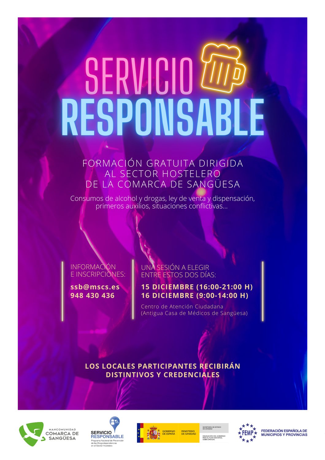 Servicio Responsable: formación gratuita dirigida al sector hostelero sobre consumos de alcohol y drogas, venta, primeros auxilios y situaciones conflictivas