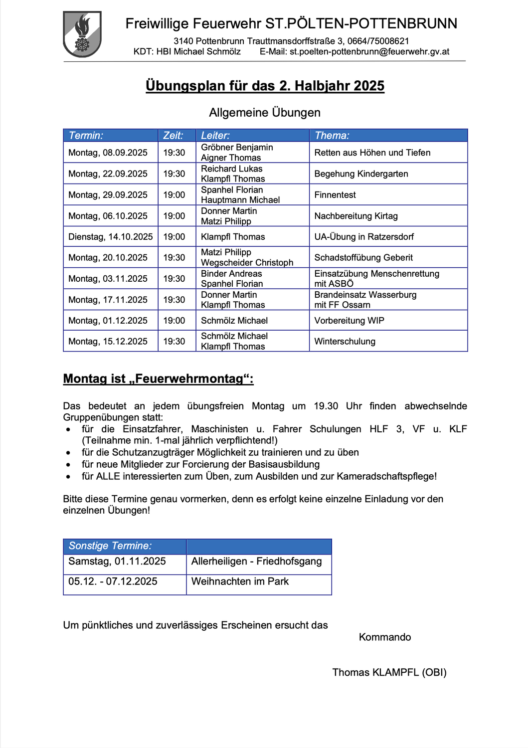Übungsplan 2 Halbjahr 2025