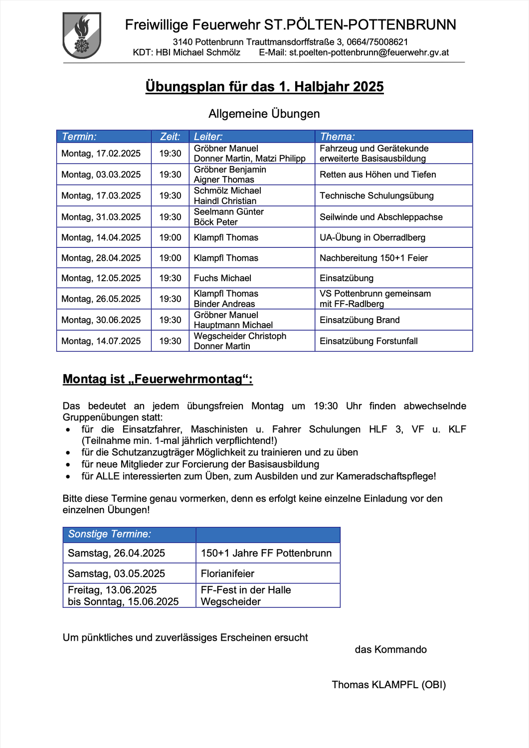 Übungsplan 1 Halbjahr 2025