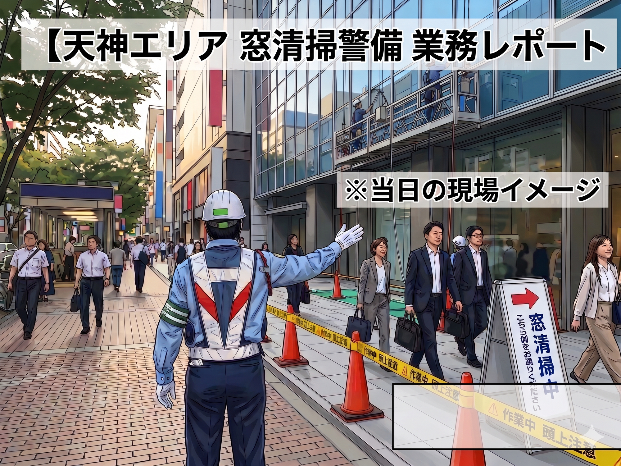 【現場レポート】天神のビル窓清掃にともなう歩行者誘導業務を行いました！
