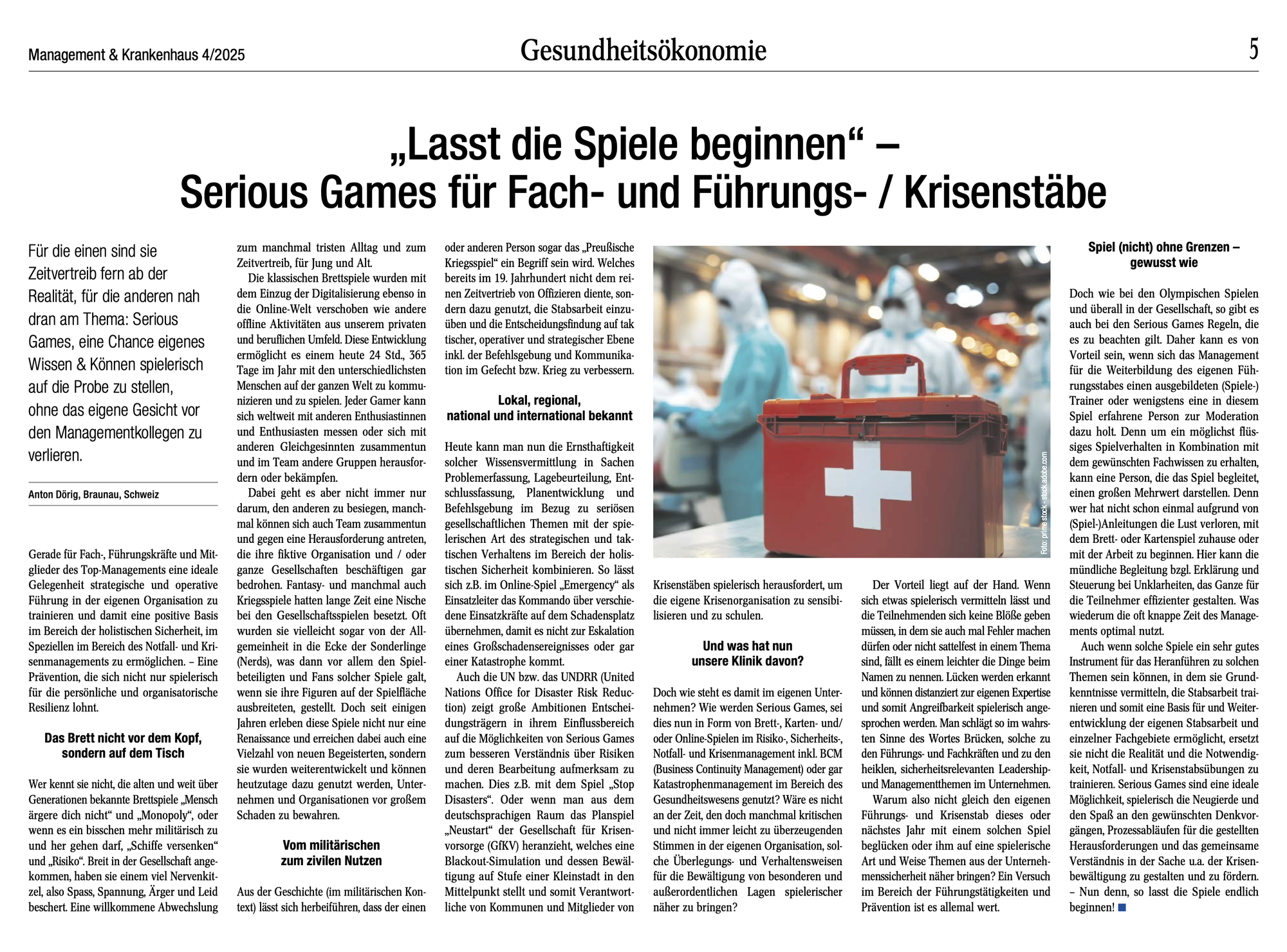 Publikation von Anton Dörig in renomierter Zeitung für Entscheider im Gesundheitswesen